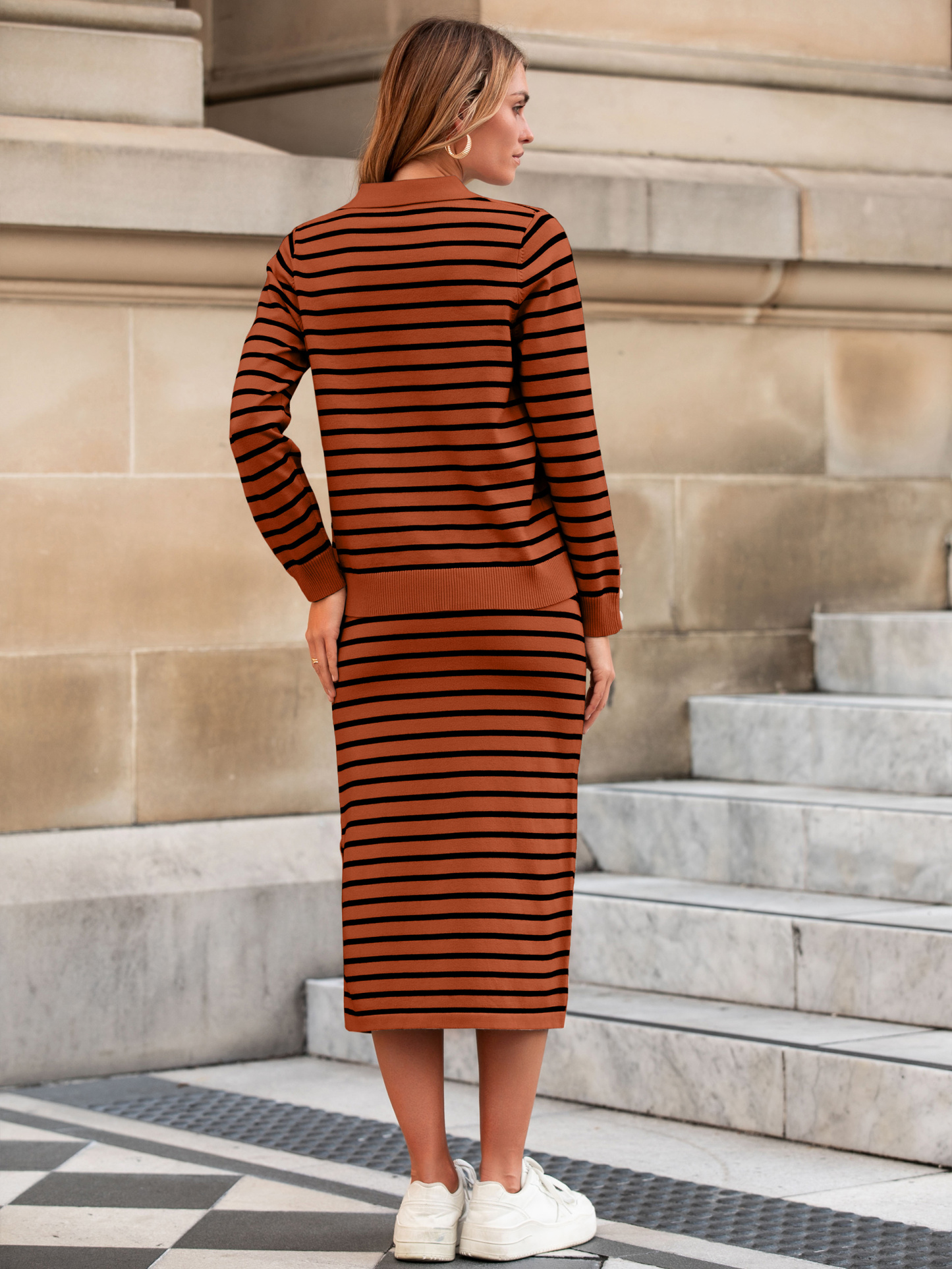 Striped Polo Neck Knitted Two Piece Skirt Sets - Striped Orange Black