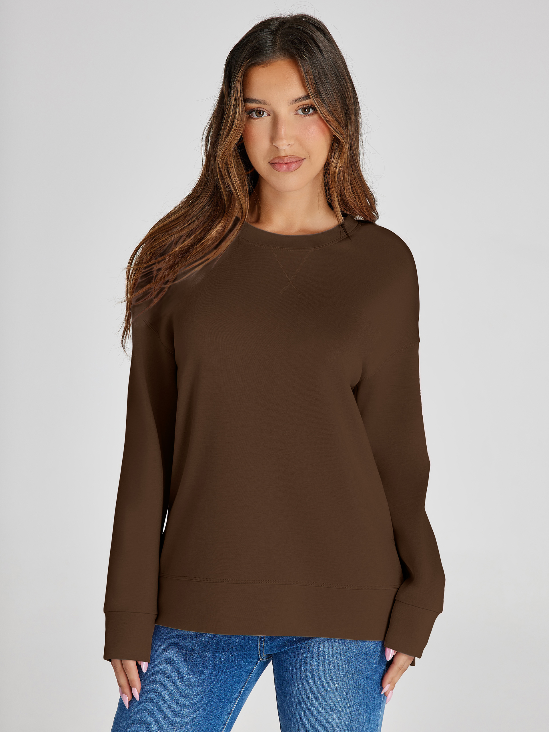 Crewneck Raglan Long Sleeve Loose Sweatshirt - Brown