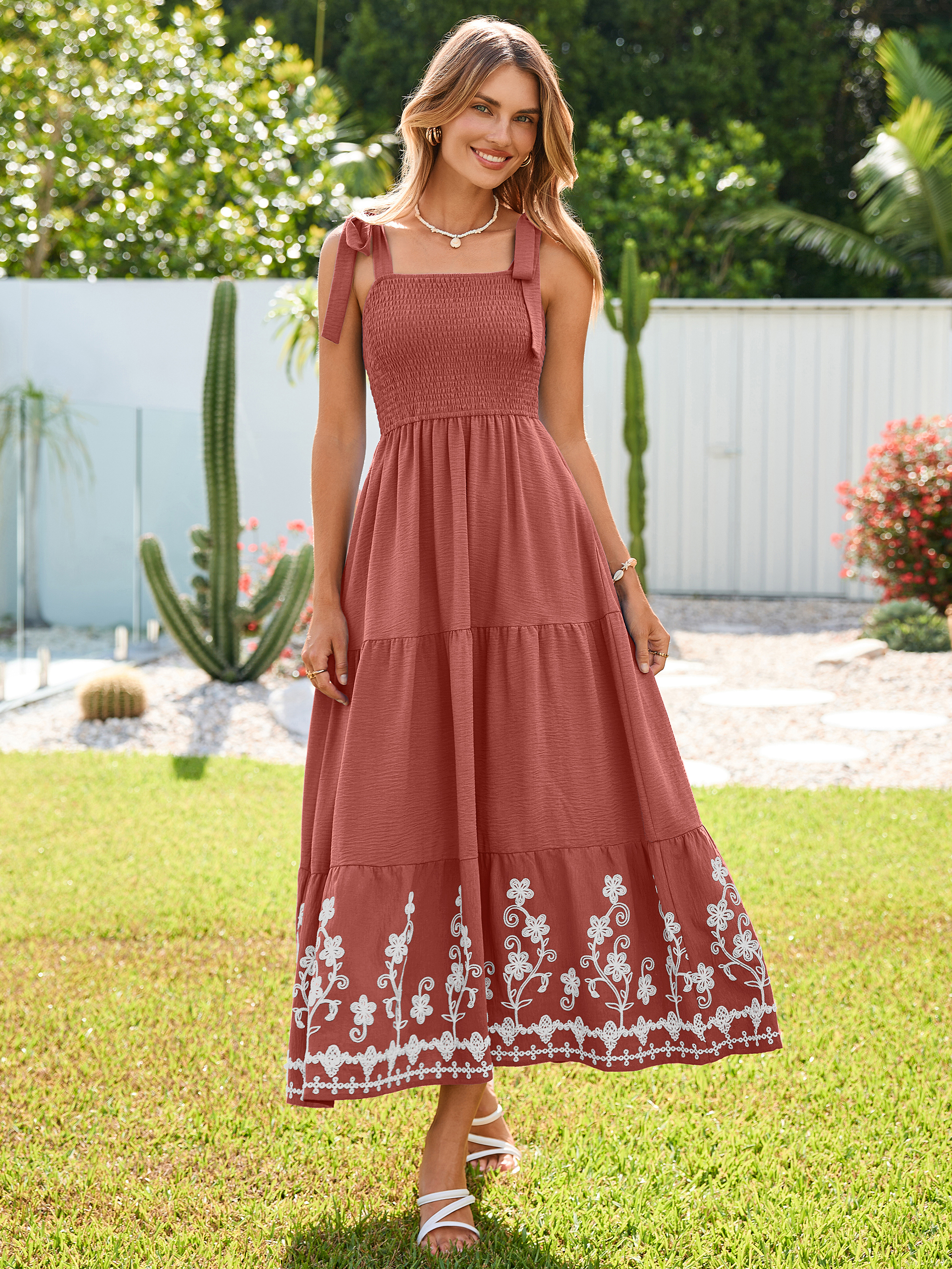 Floral Embroidery Smocked Tie Shoulder Maxi Dress - Rose Red
