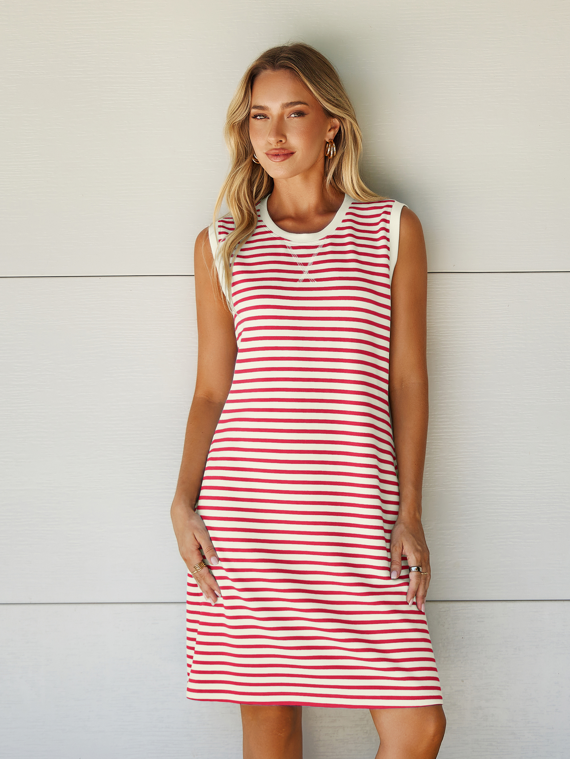 Striped Sleeveless Round Neck Mini Dress - White Red Stripe