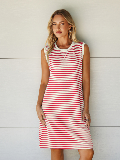 Striped Sleeveless Round Neck Mini Dress - White Red Stripe