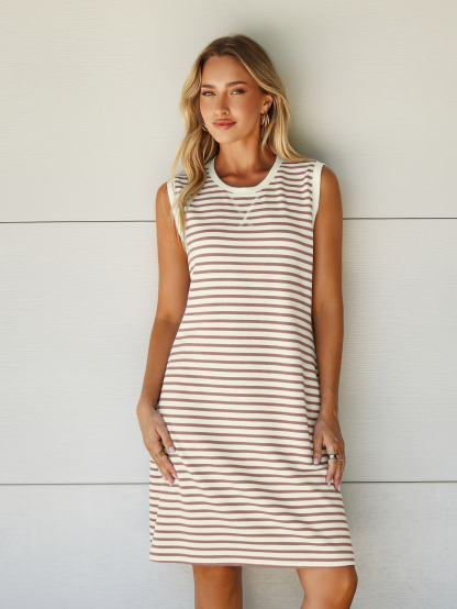 Striped Sleeveless Round Neck Mini Dress - White Khaki Stripe