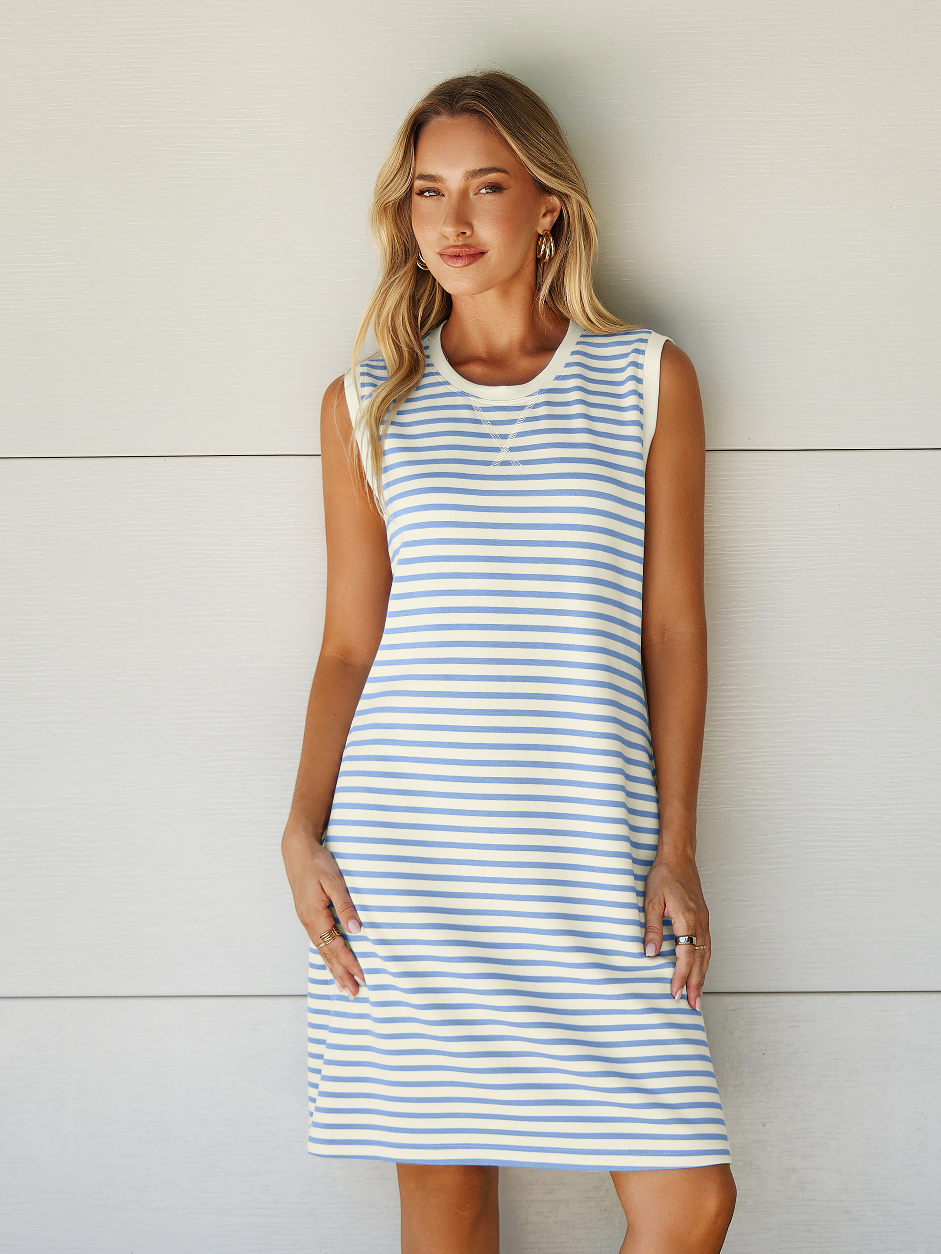 Striped Sleeveless Round Neck Mini Dress - White Blue Stripe