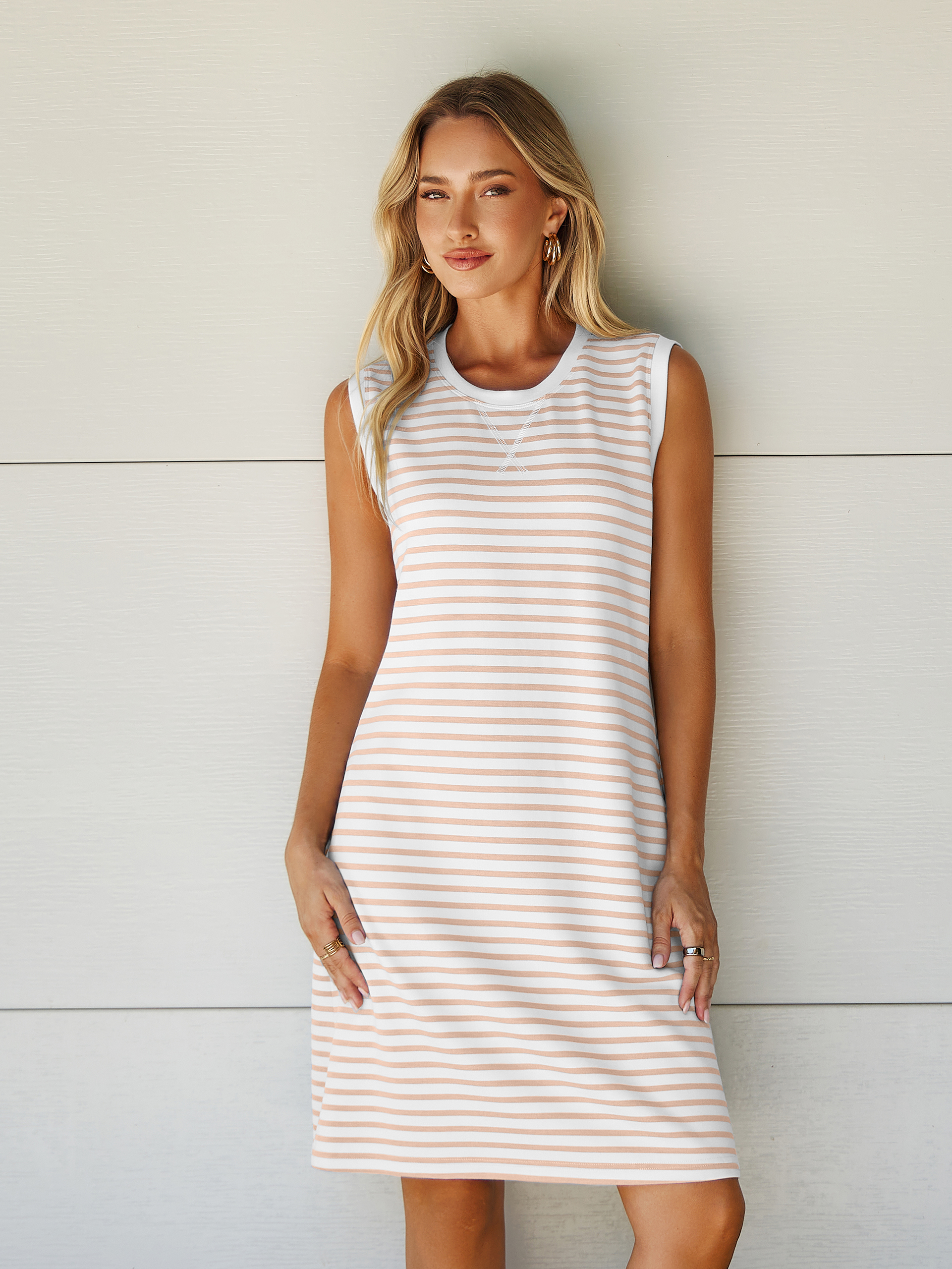 Striped Sleeveless Round Neck Mini Dress - White Light Khaki Stripe