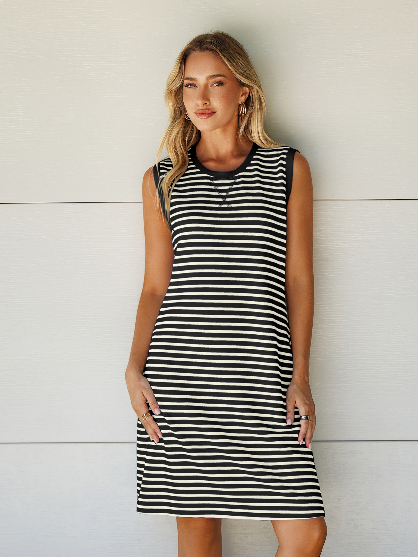 Striped Sleeveless Round Neck Mini Dress - Black White Stripe