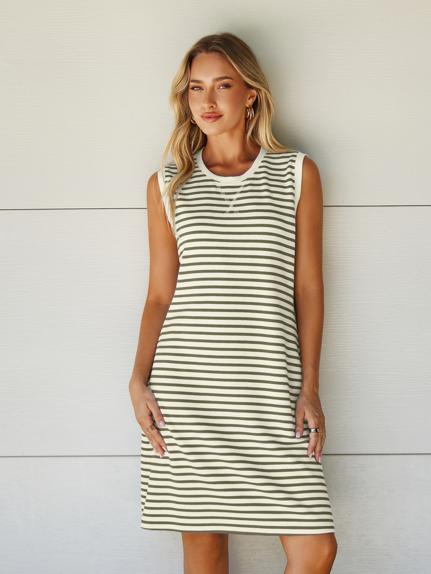 Striped Sleeveless Round Neck Mini Dress - White Green Stripe