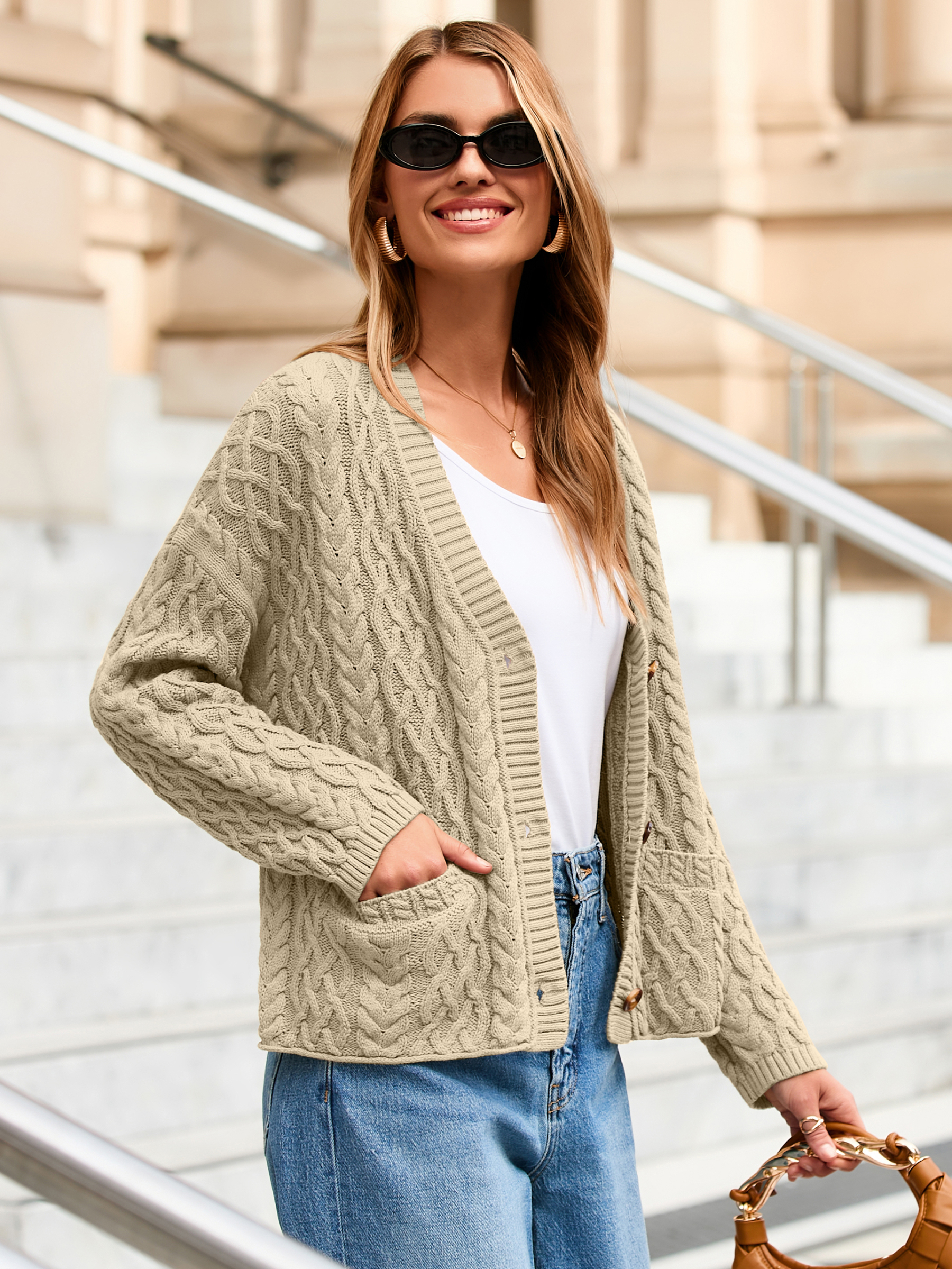 Cable Knit V Neck Buttoned Cardigan Sweater