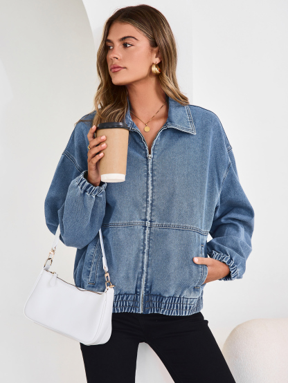 Classic Zip-Up Denim Bomber Jacket with Pockets