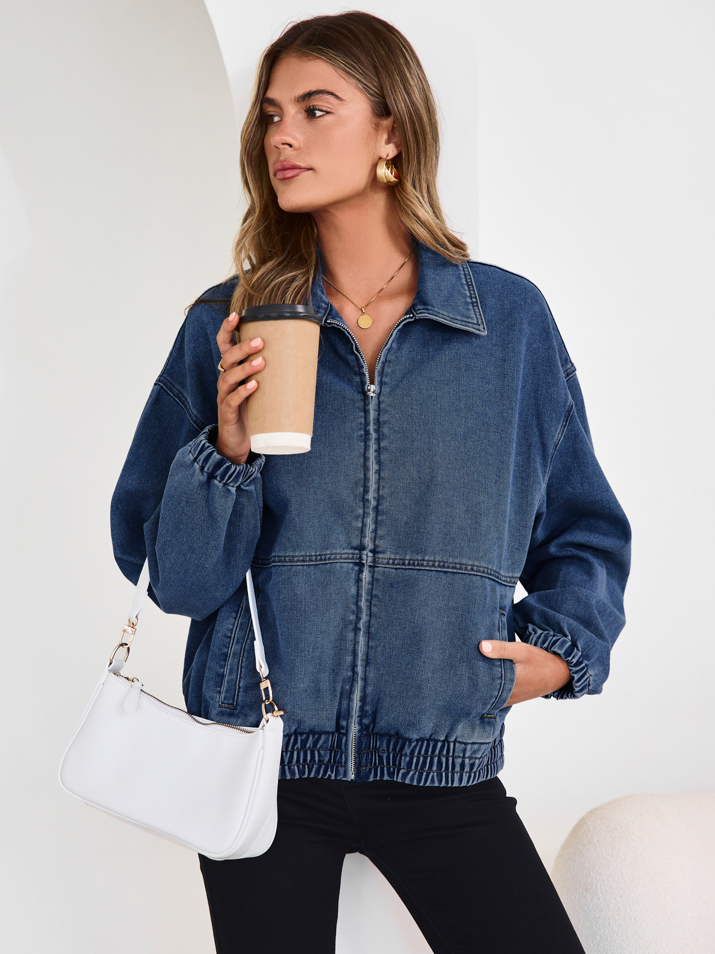 Classic Zip-Up Denim Bomber Jacket with Pockets