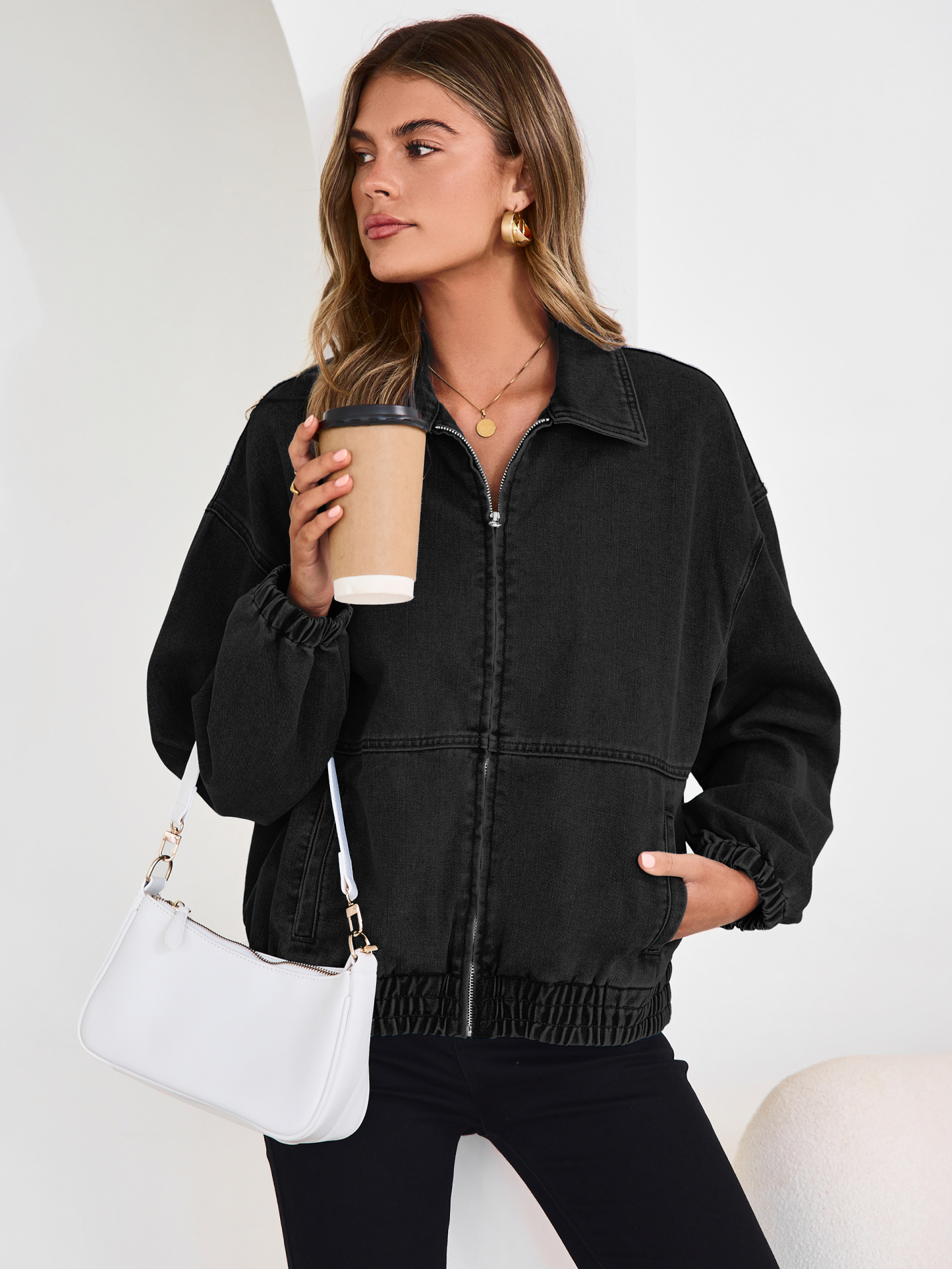 Classic Zip-Up Denim Bomber Jacket with Pockets