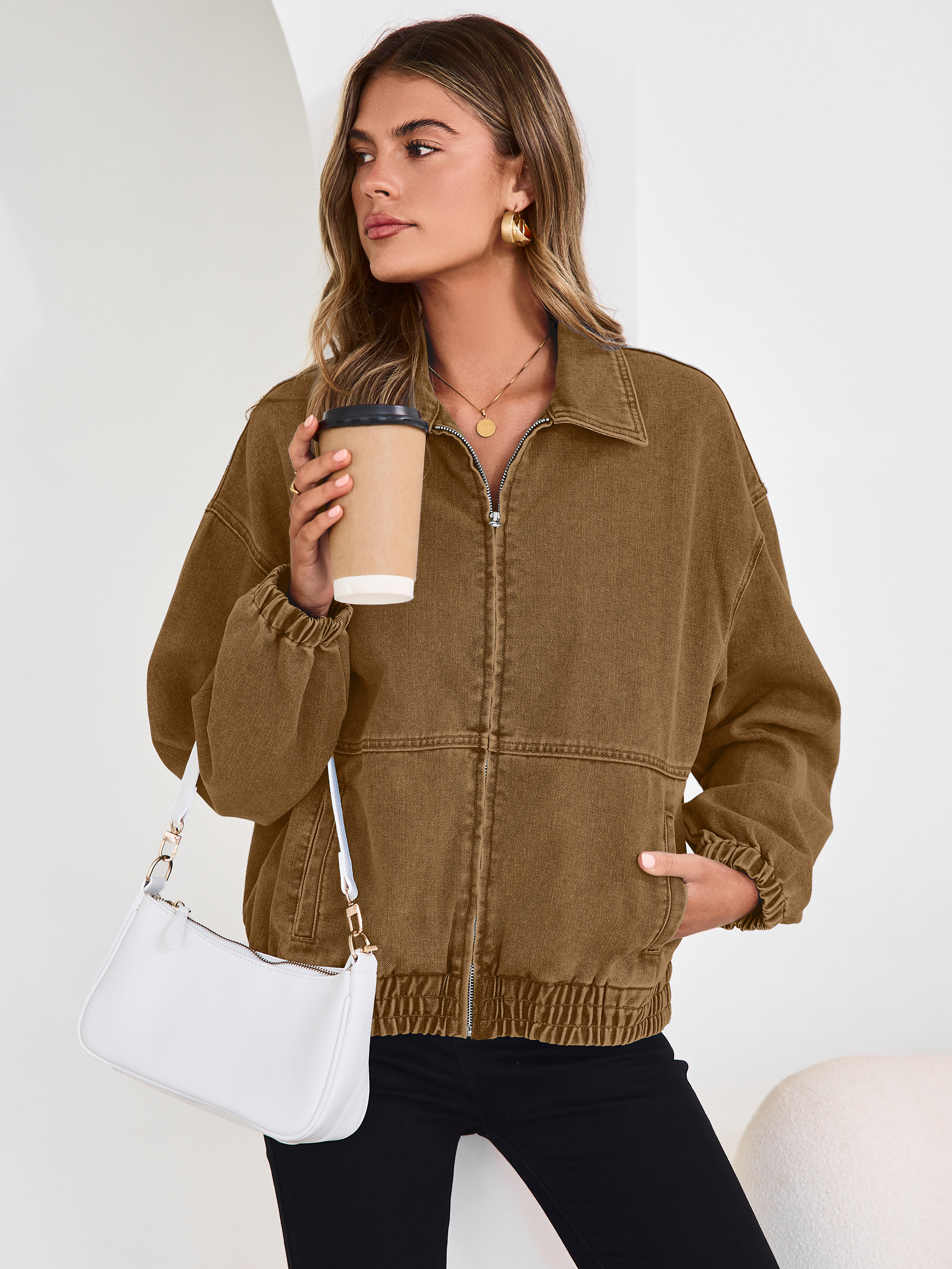 Classic Zip-Up Denim Bomber Jacket with Pockets