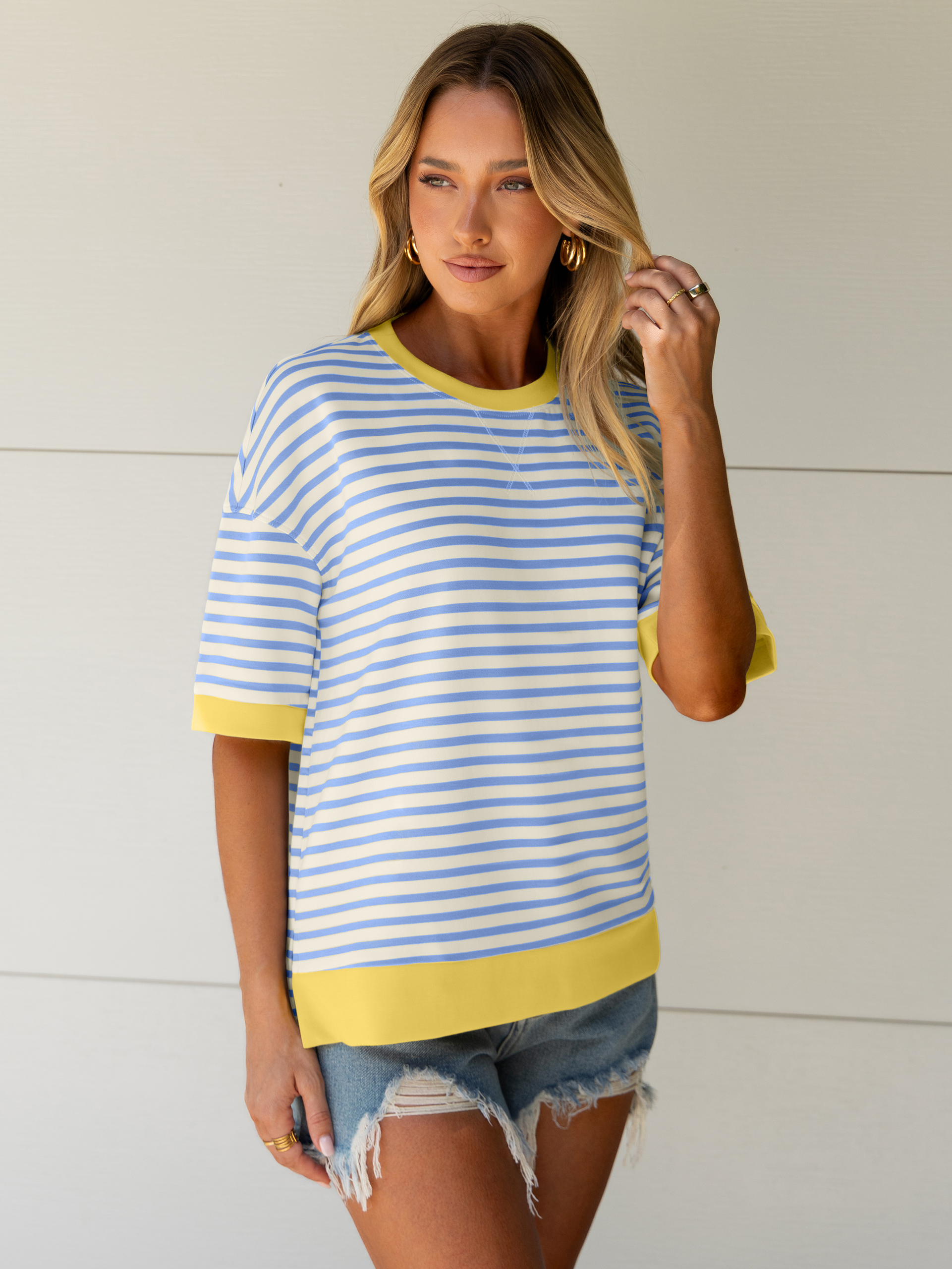 Striped Color Block Drop Shoulder Casual T-Shirt