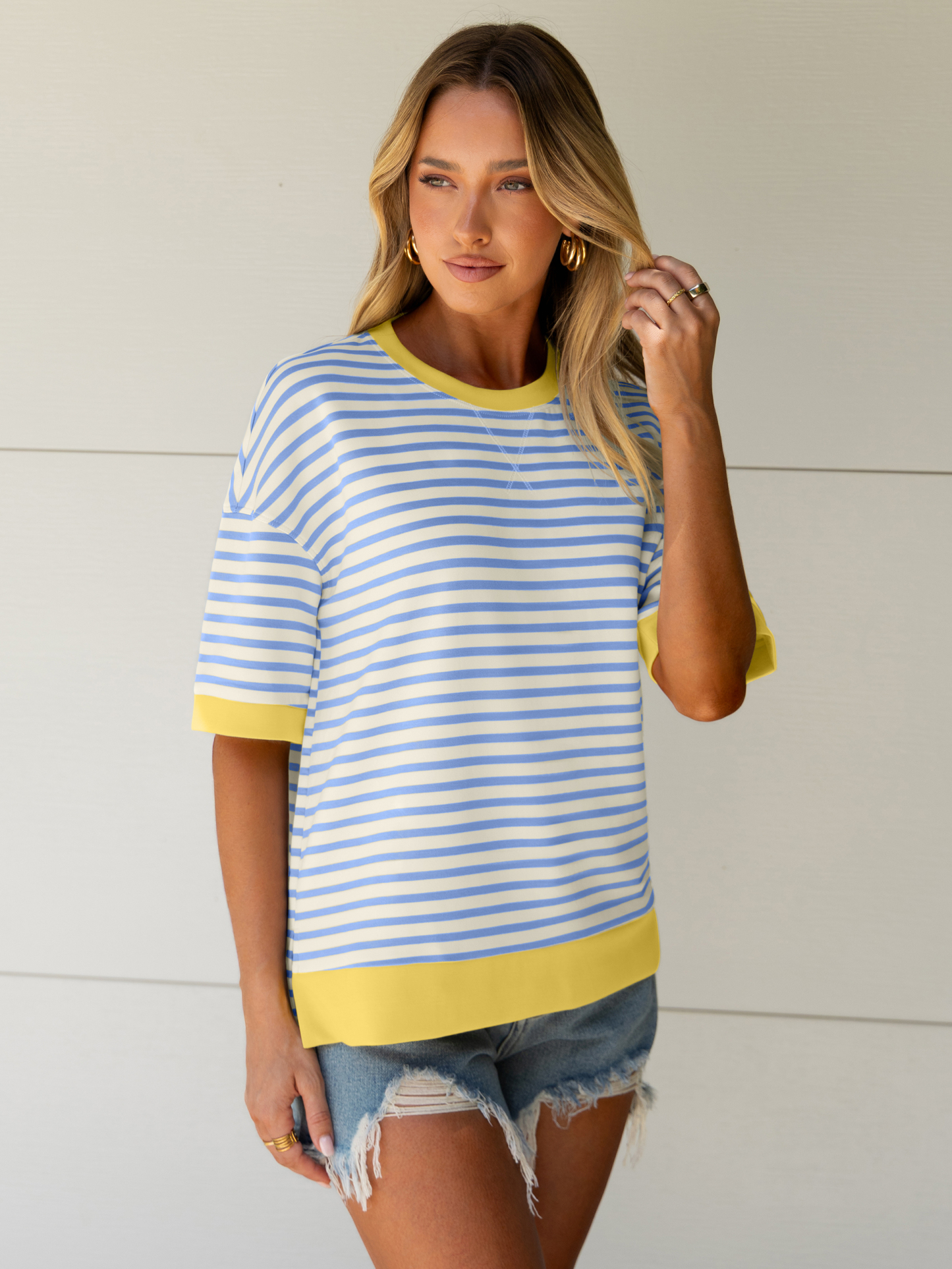 Striped Color Block Drop Shoulder Casual T-Shirt