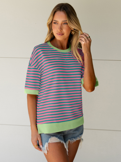 Striped Color Block Drop Shoulder Casual T-Shirt