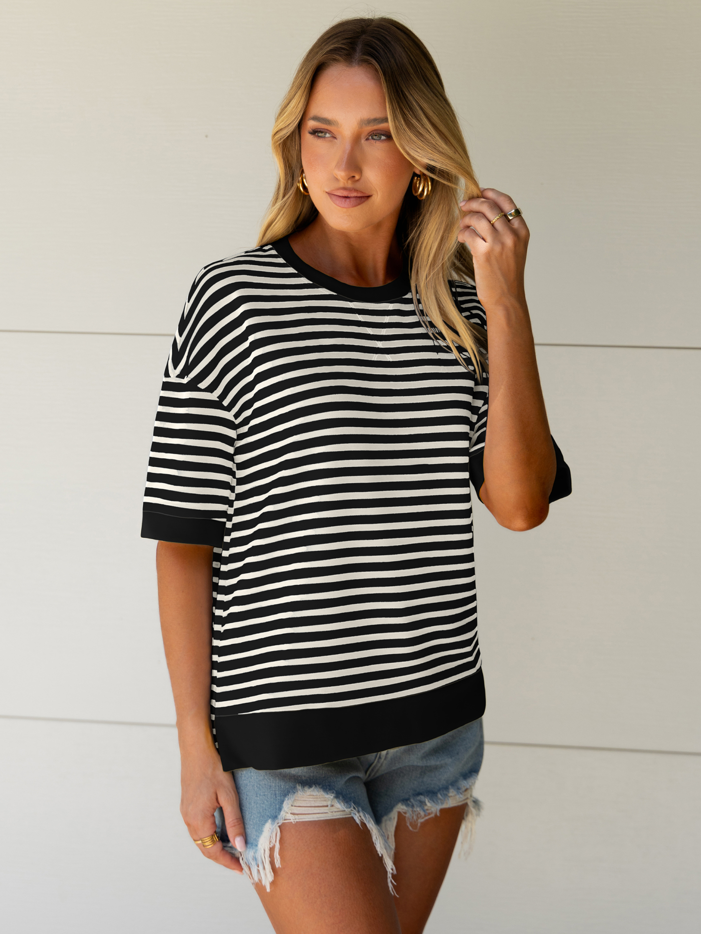 Striped Color Block Drop Shoulder Casual T-Shirt