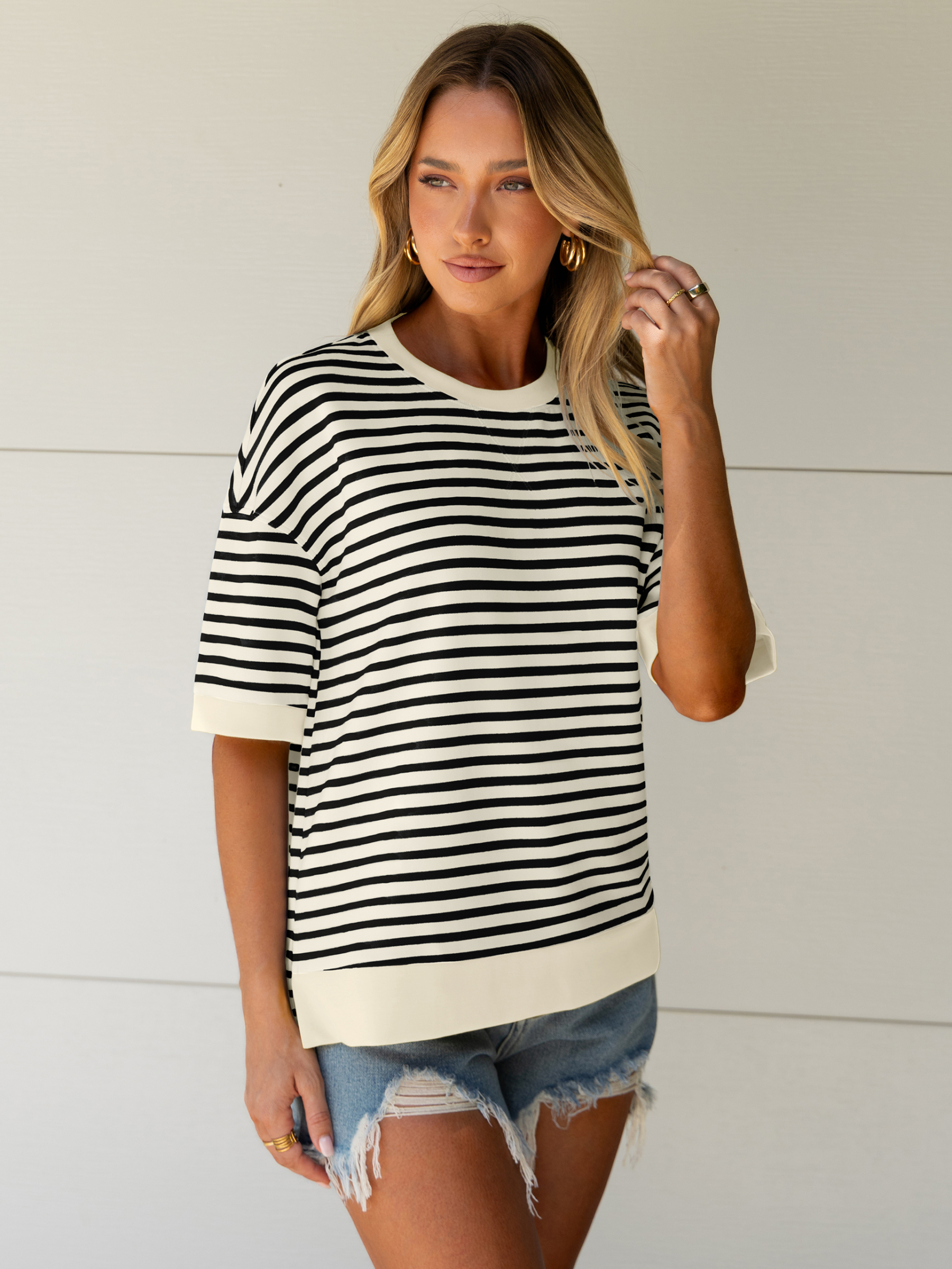 Striped Color Block Drop Shoulder Casual T-Shirt