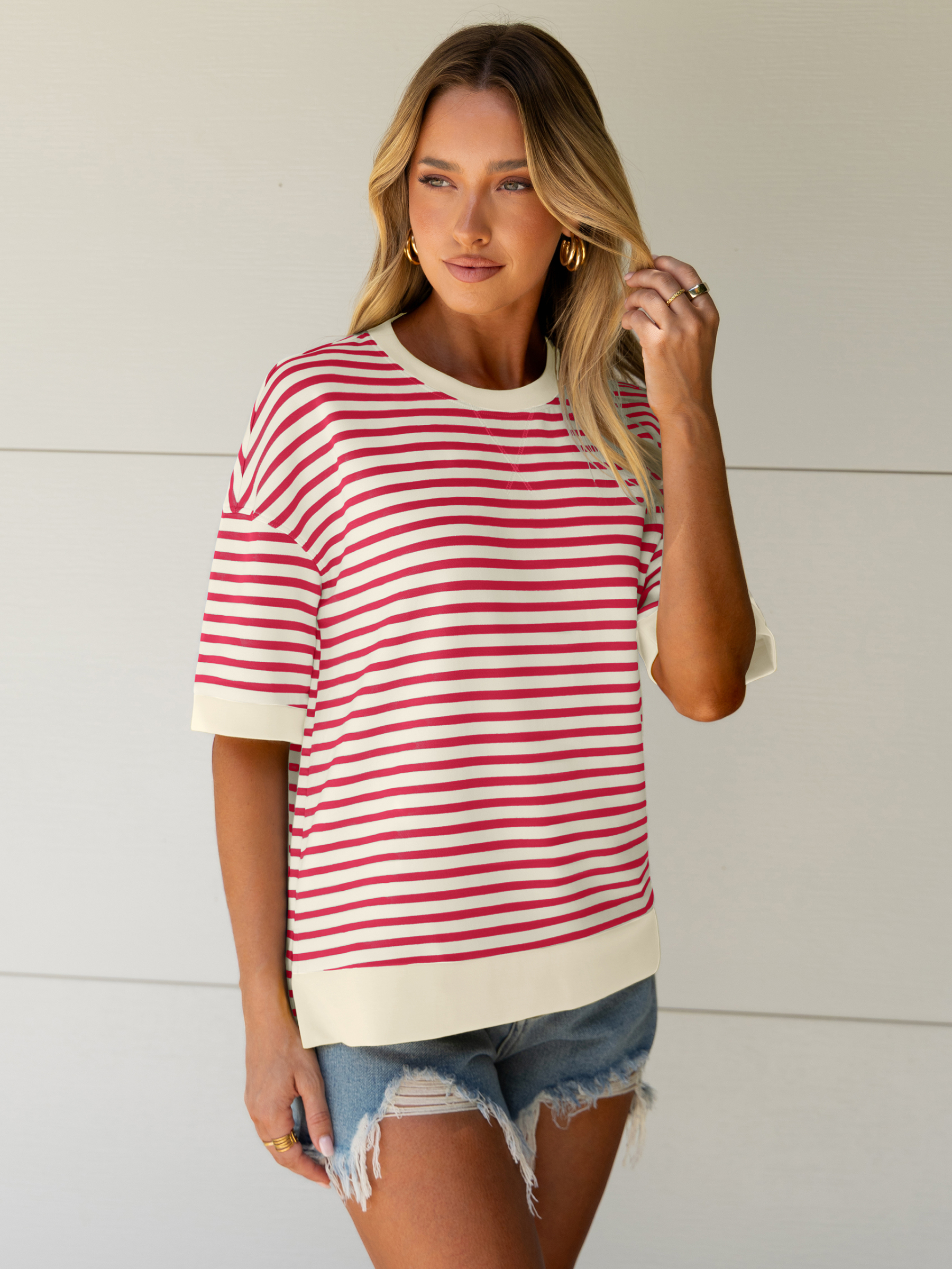 Striped Color Block Drop Shoulder Casual T-Shirt