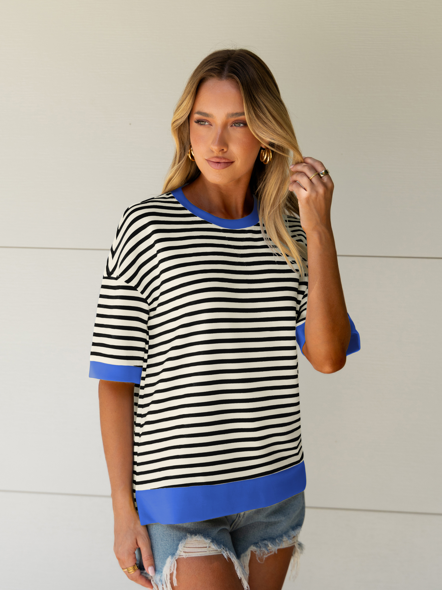 Striped Color Block Drop Shoulder Casual T-Shirt