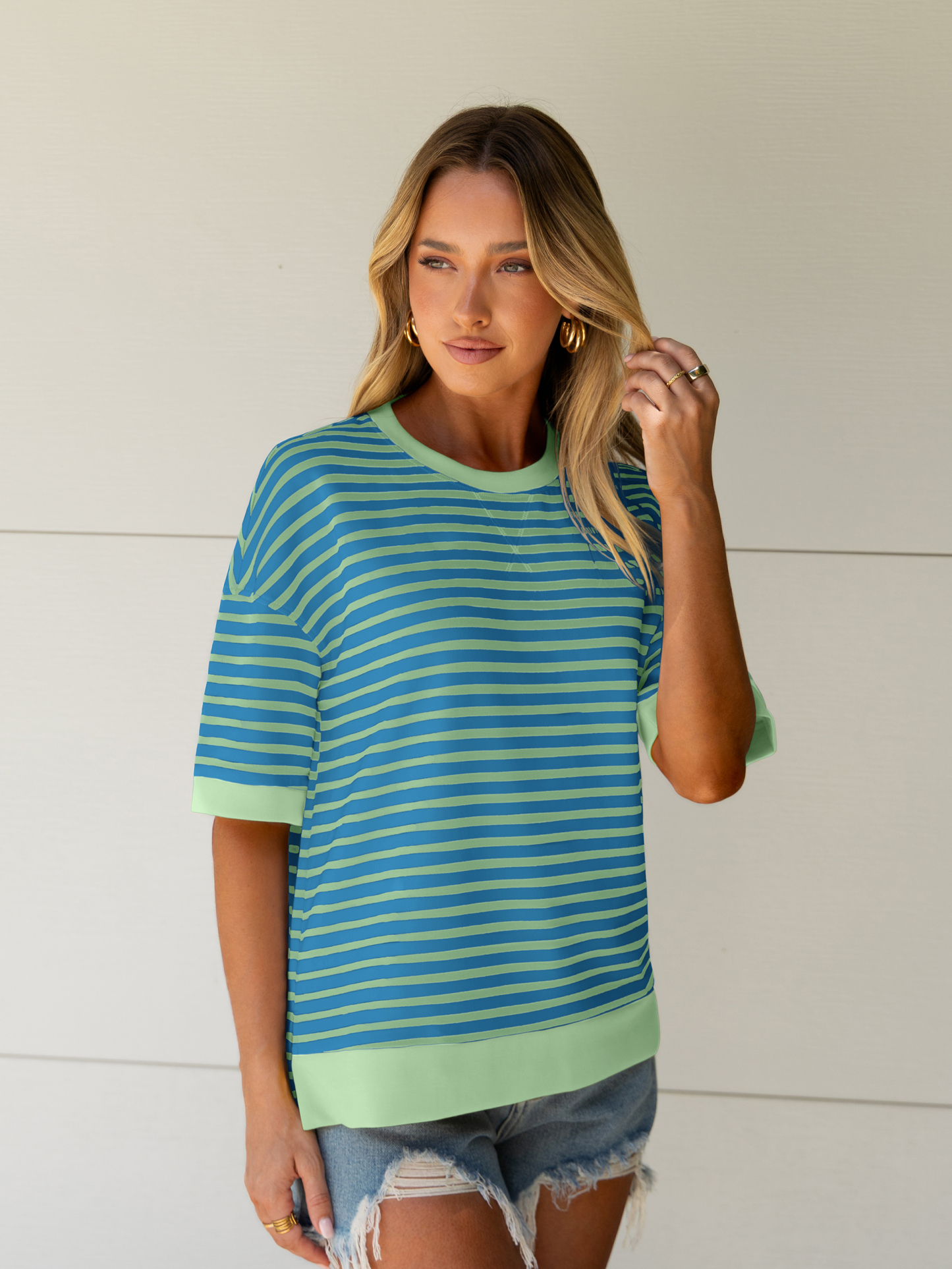 Striped Color Block Drop Shoulder Casual T-Shirt