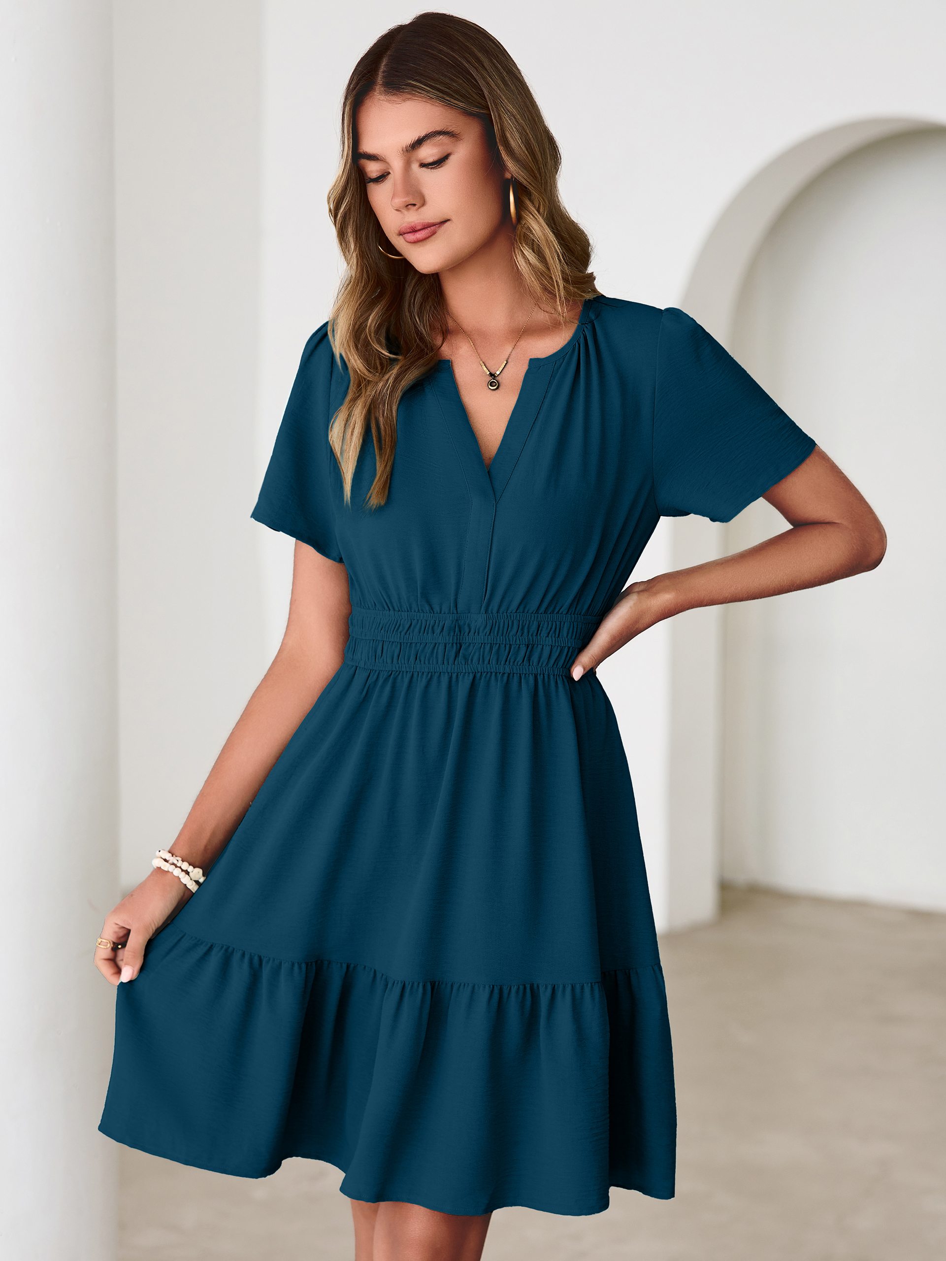 V Neck Smocked Waist Ruffle Hem Mini Dress