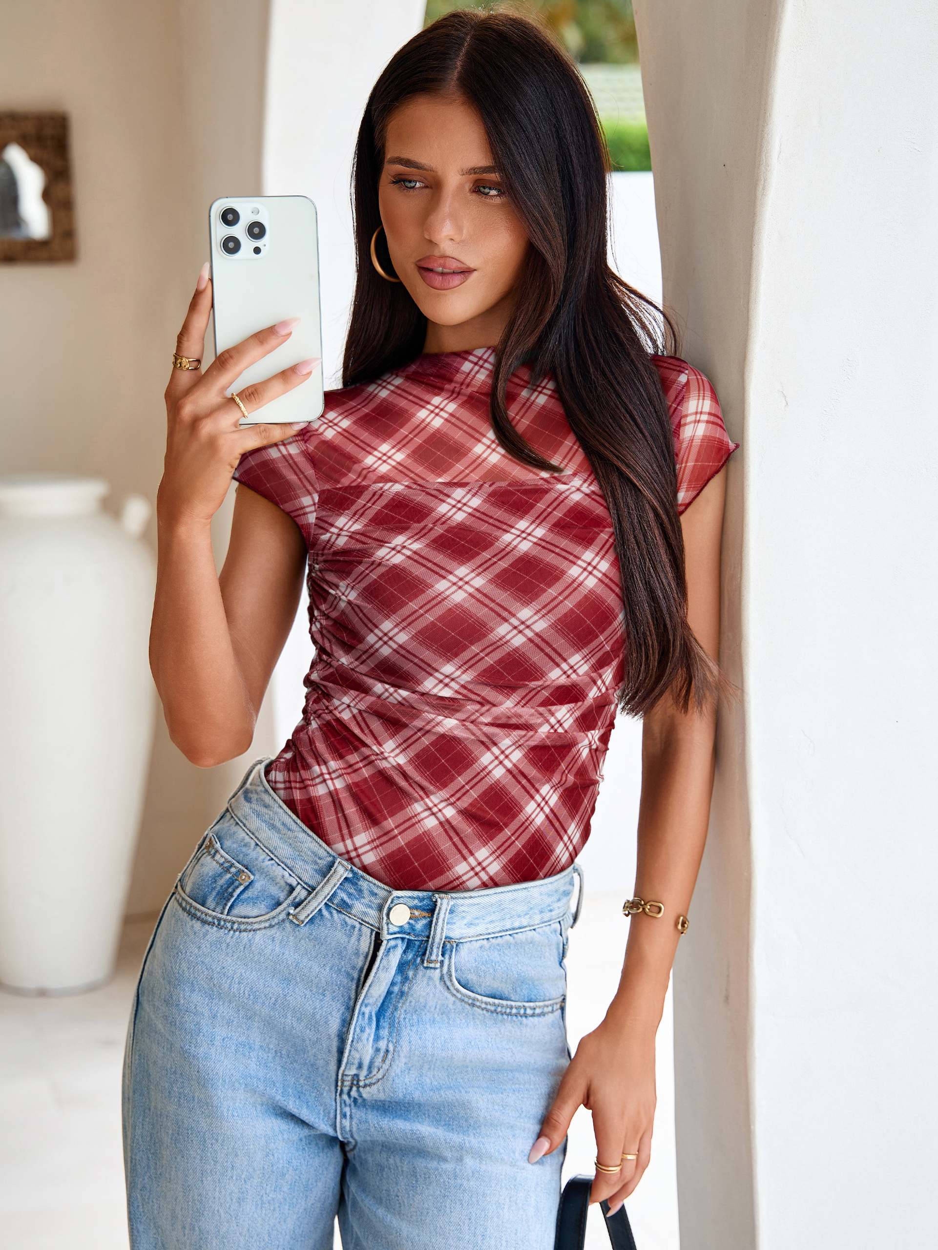 Plaid Mock Neck Ruched Mesh Top