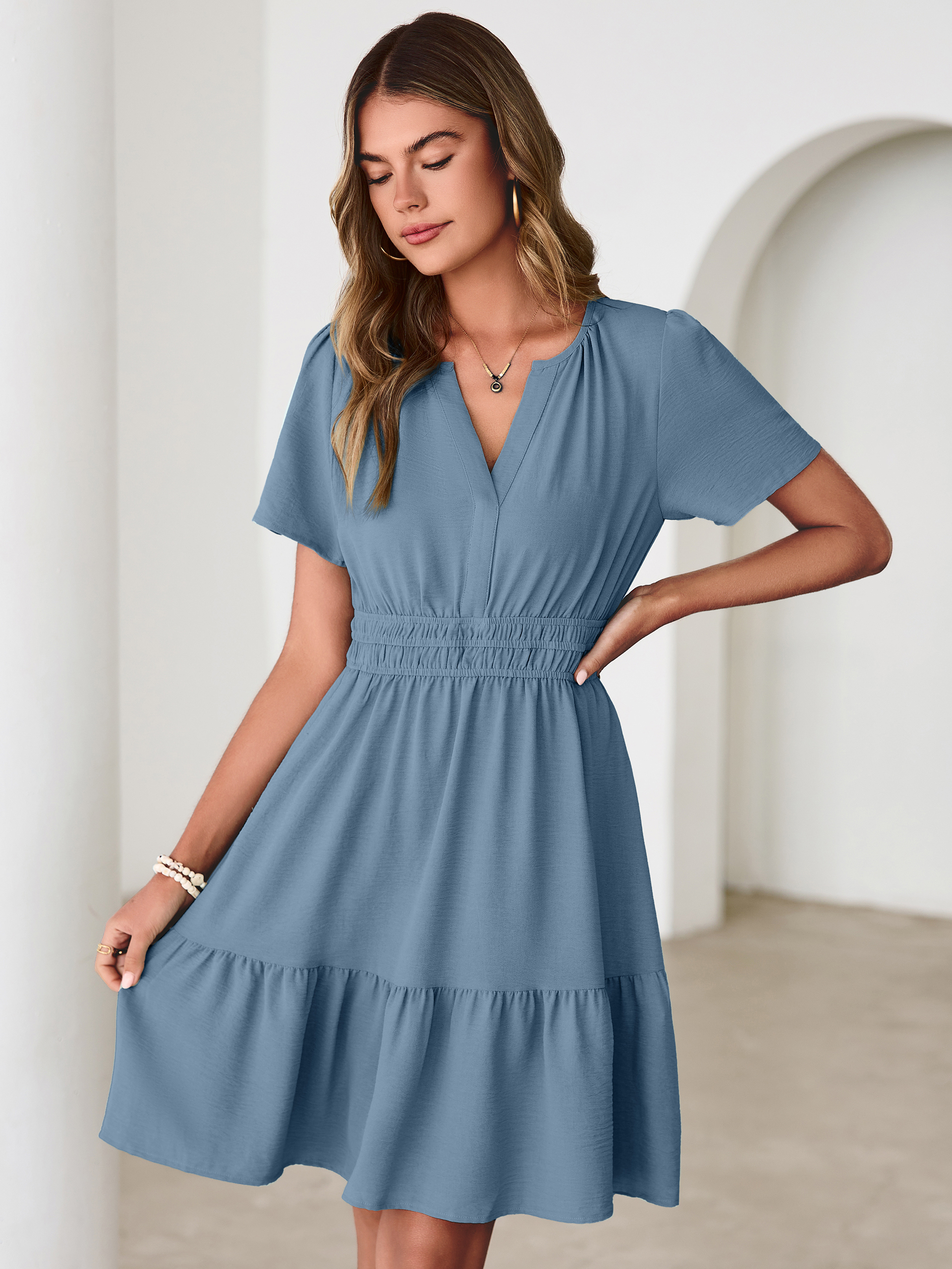V Neck Smocked Waist Ruffle Hem Mini Dress