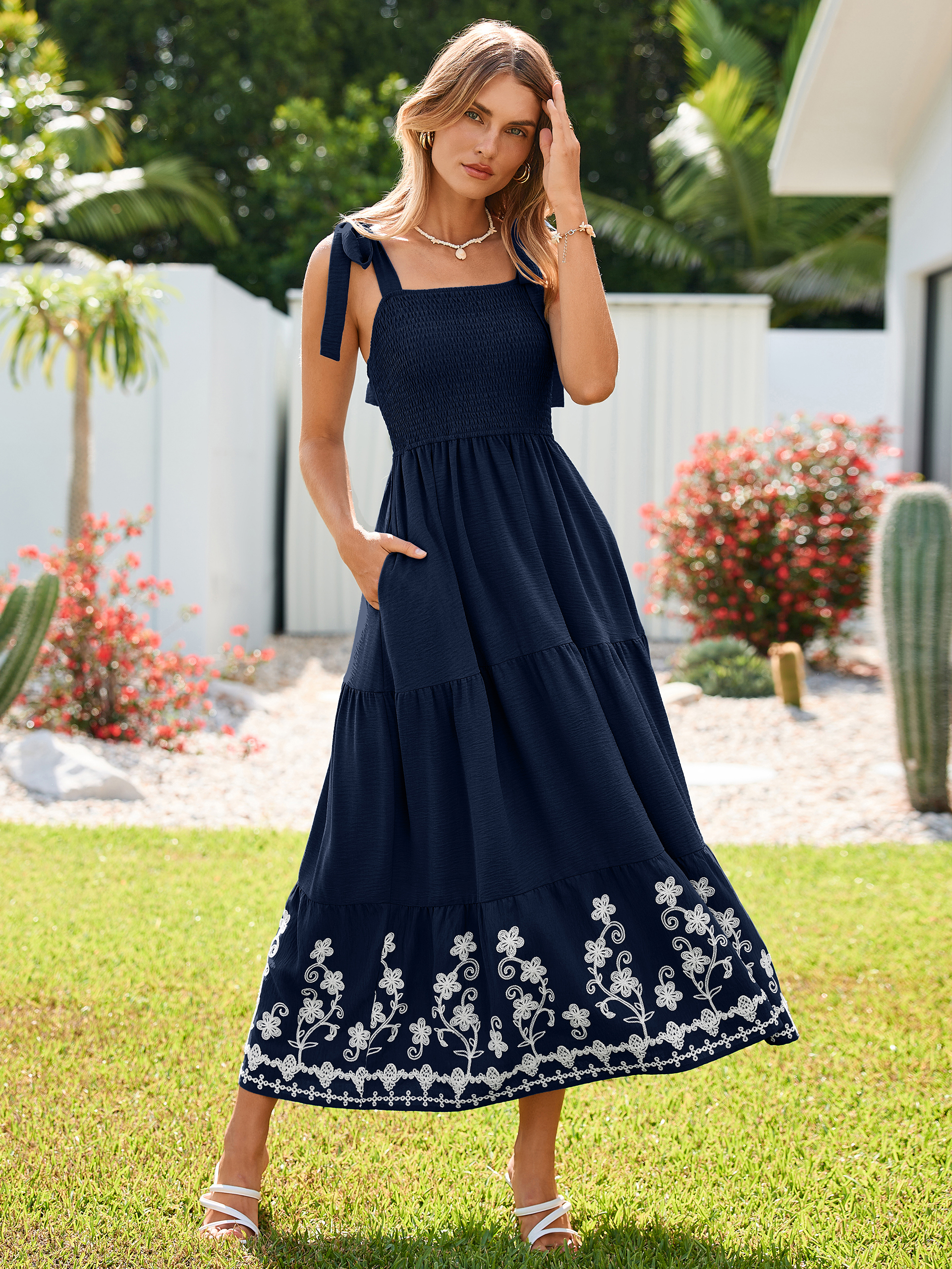 Floral Embroidery Smocked Tie Shoulder Maxi Dress