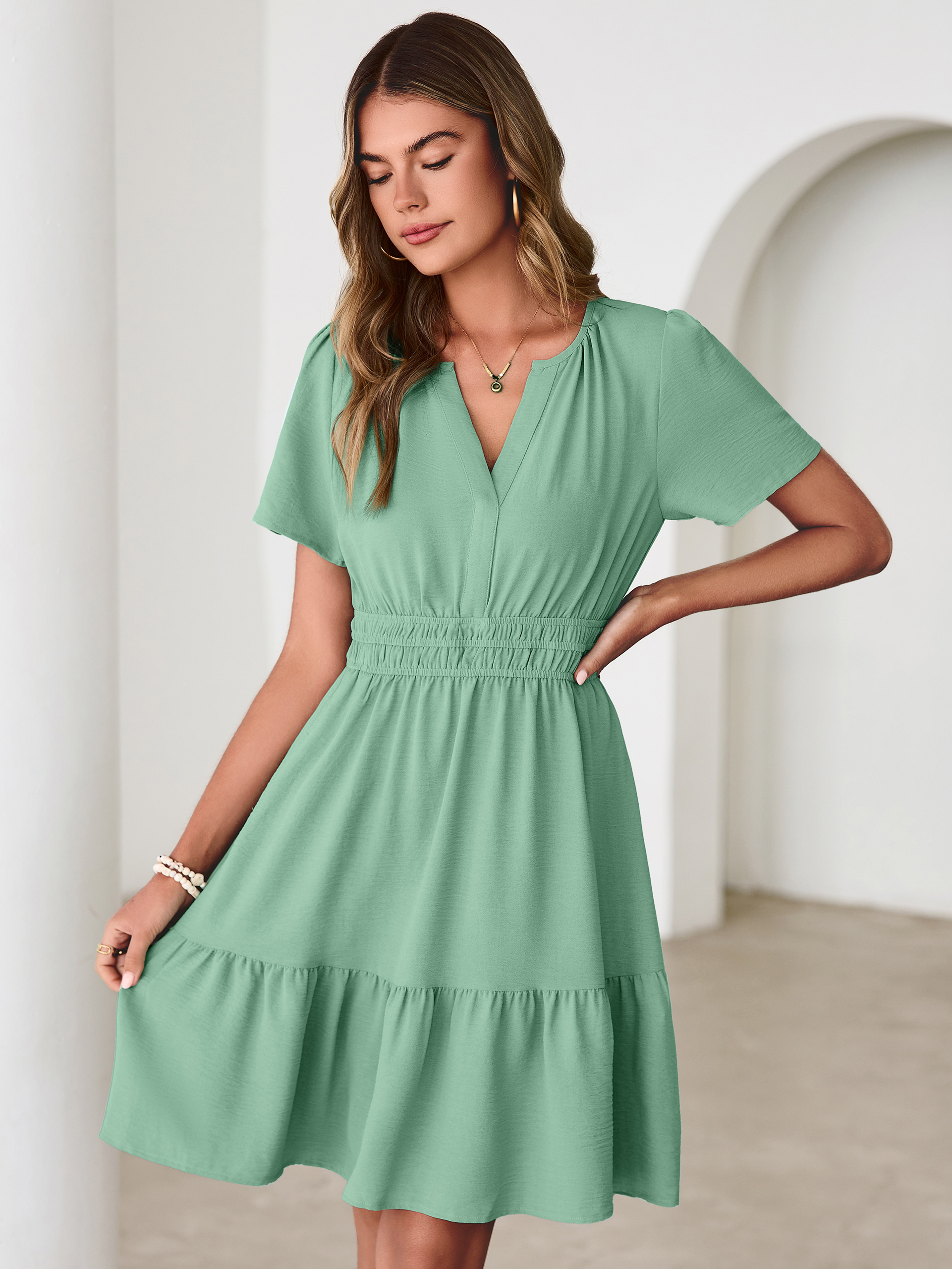V Neck Smocked Waist Ruffle Hem Mini Dress