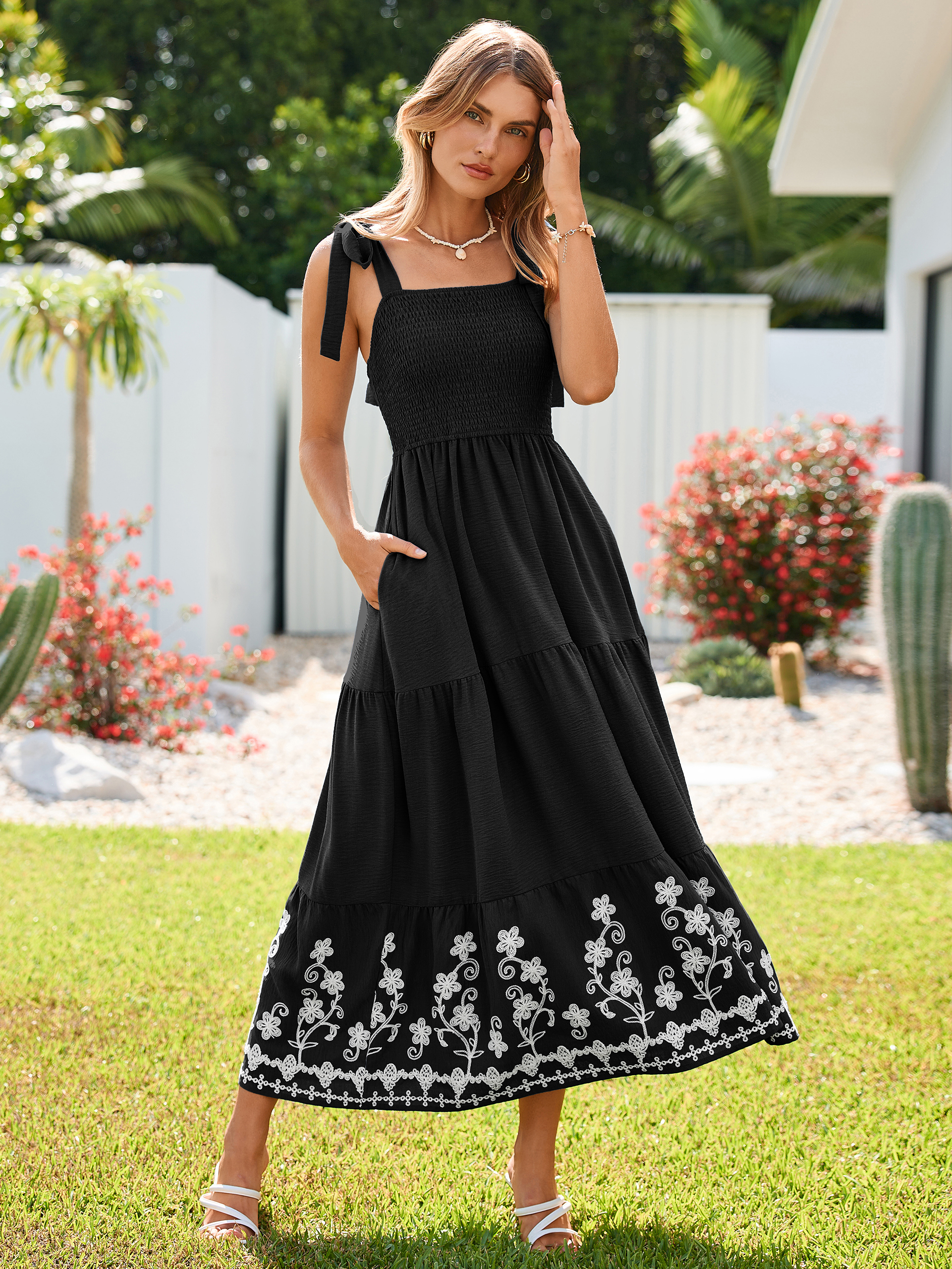 Floral Embroidery Smocked Tie Shoulder Maxi Dress