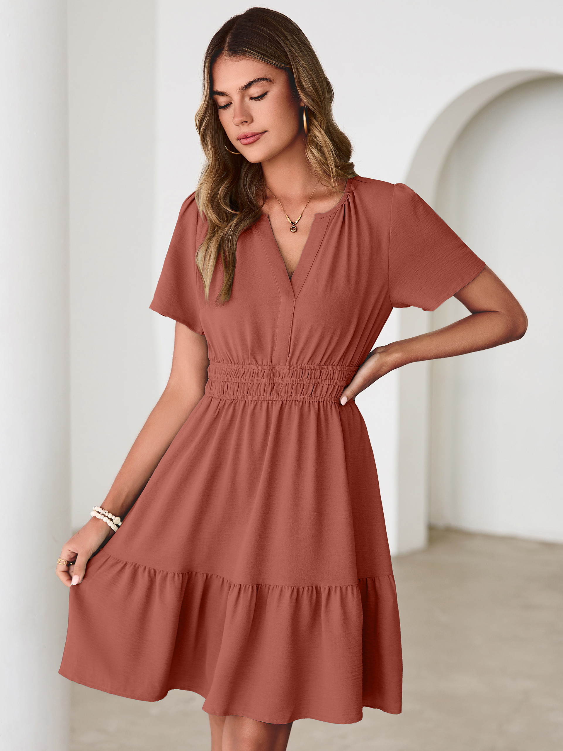 V Neck Smocked Waist Ruffle Hem Mini Dress