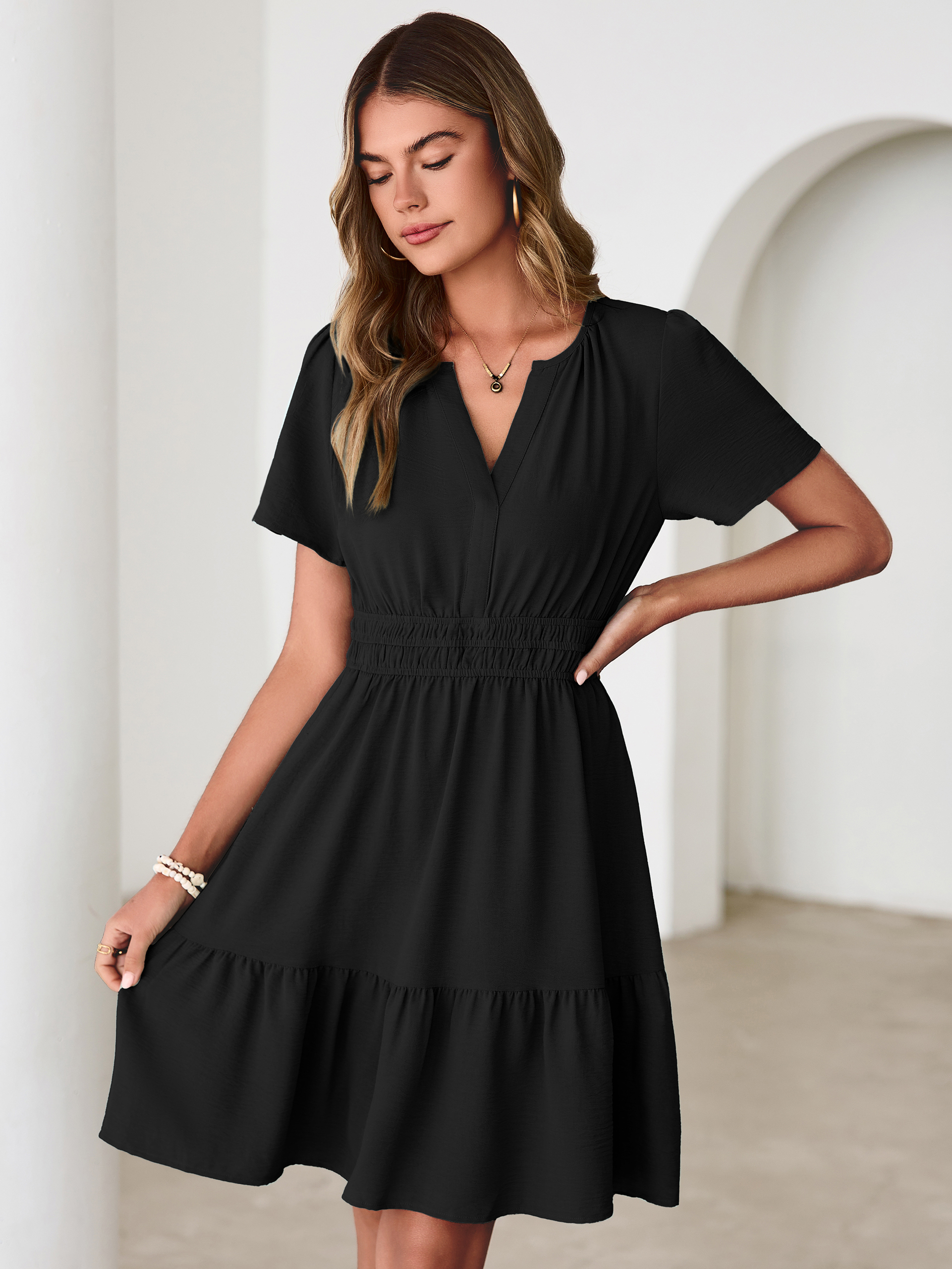 V Neck Smocked Waist Ruffle Hem Mini Dress