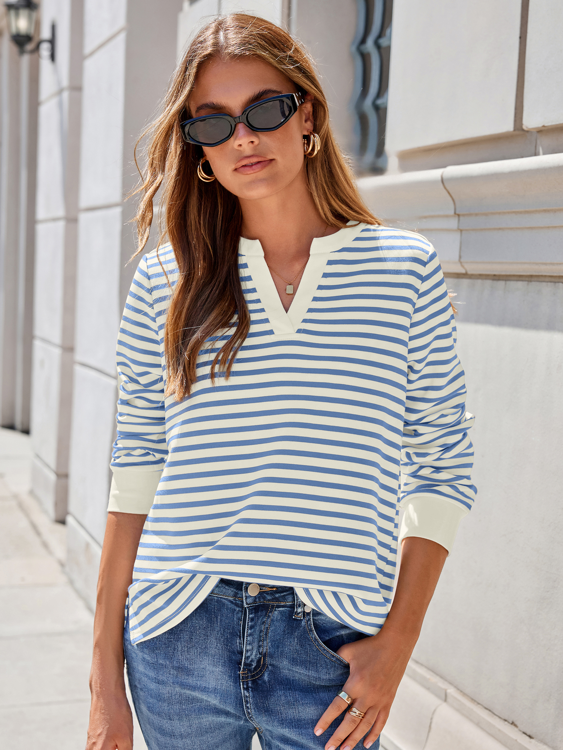 Striped Notch Neck Long Sleeve T-Shirt