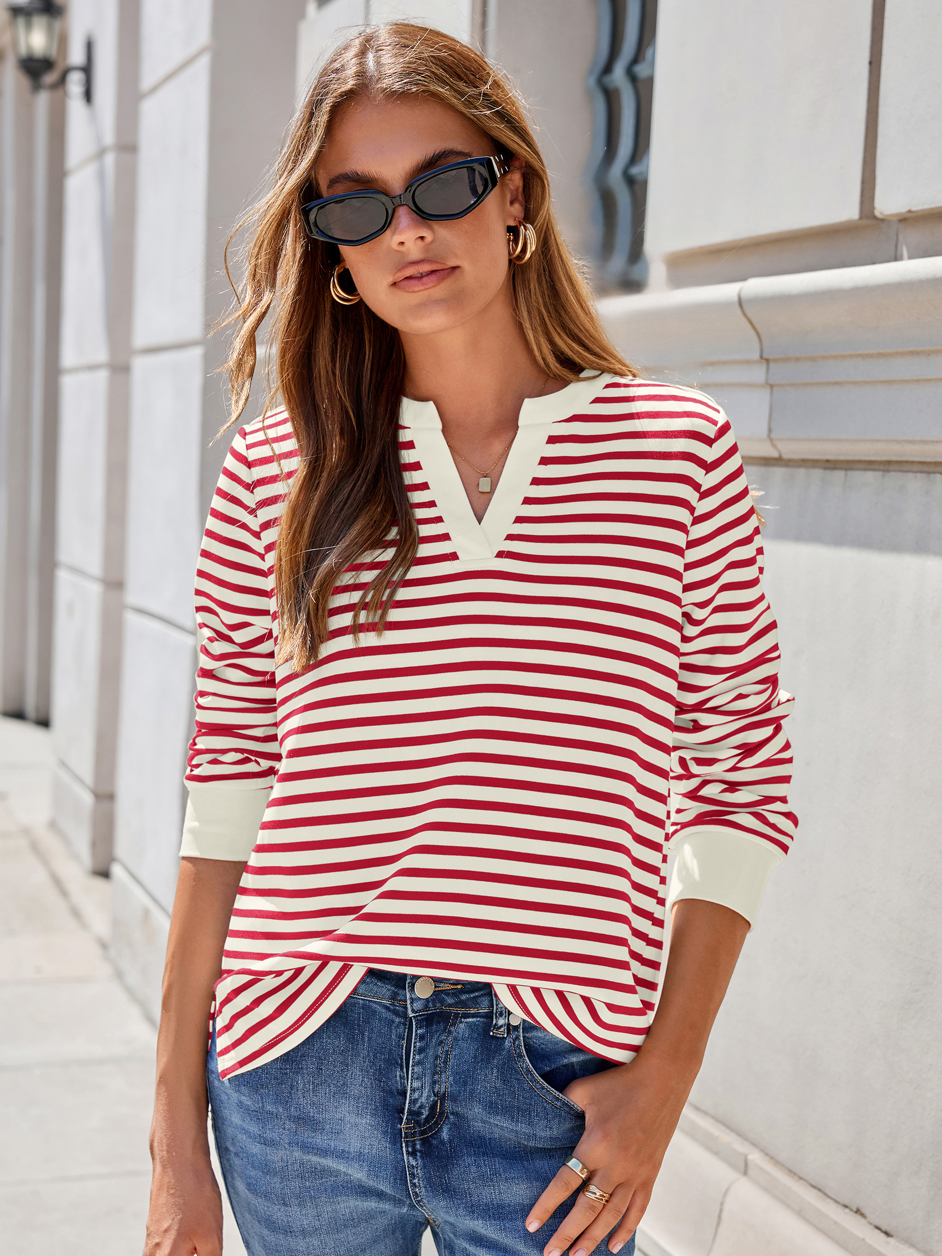 Striped Notch Neck Long Sleeve T-Shirt