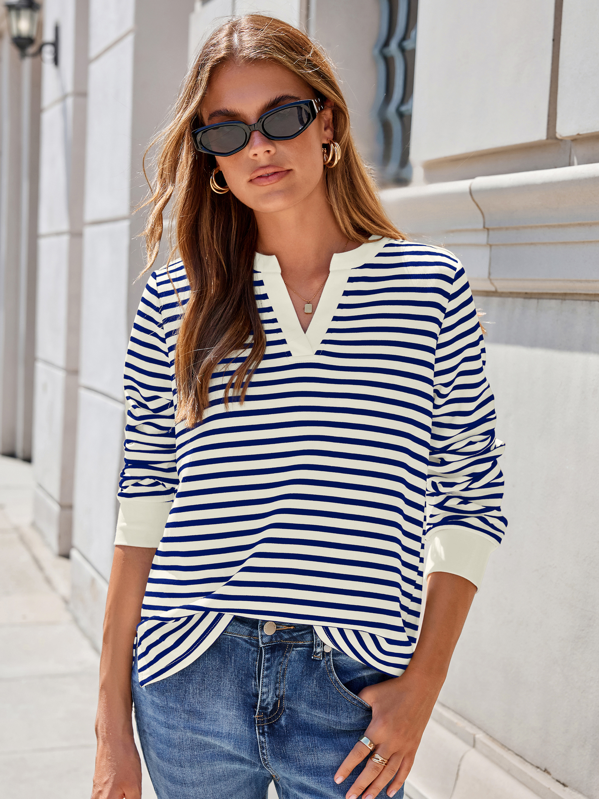 Striped Notch Neck Long Sleeve T-Shirt