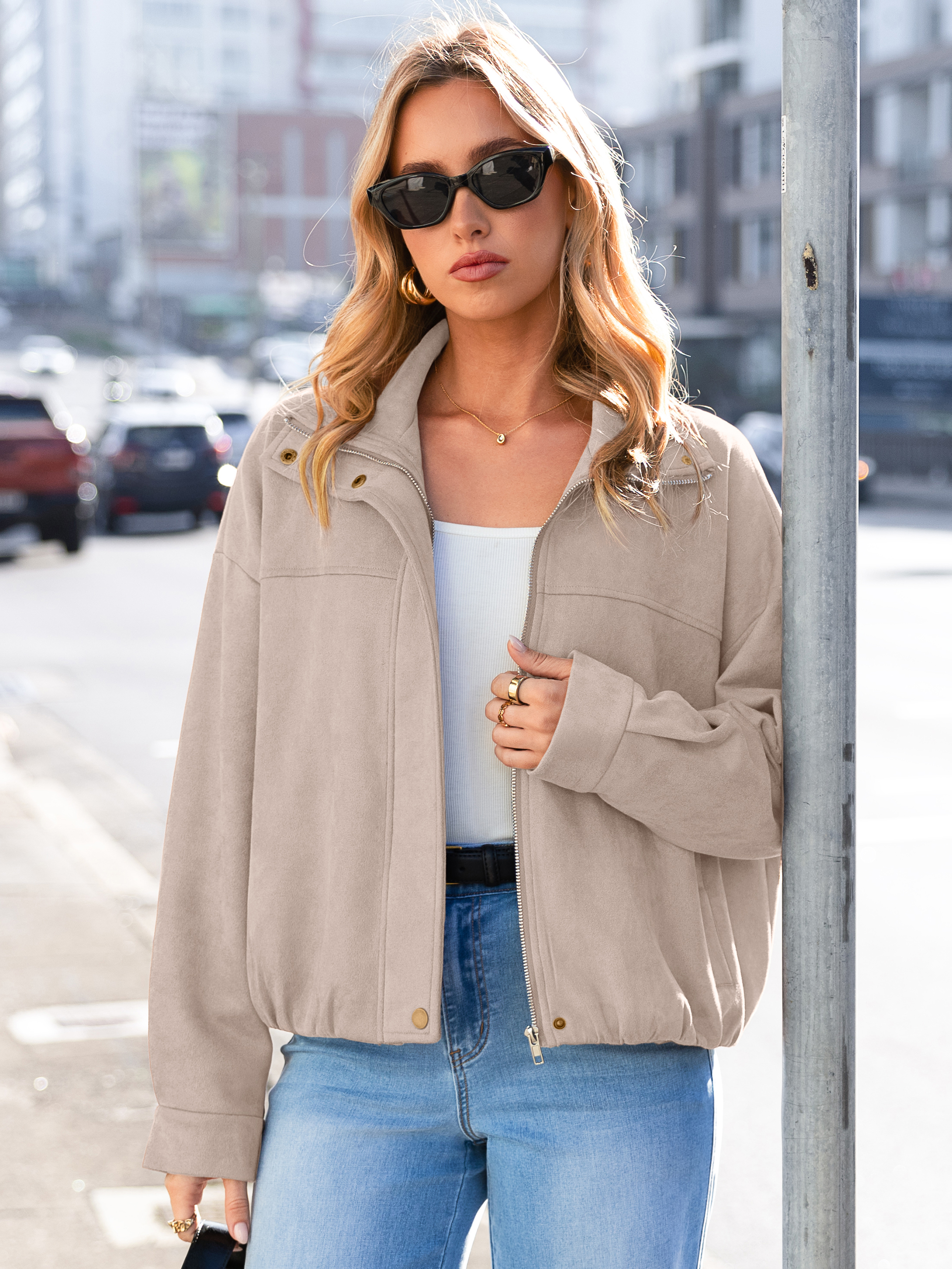Casual Lapel Zip Front Faux Suede Bomber Jacket - Light Grey