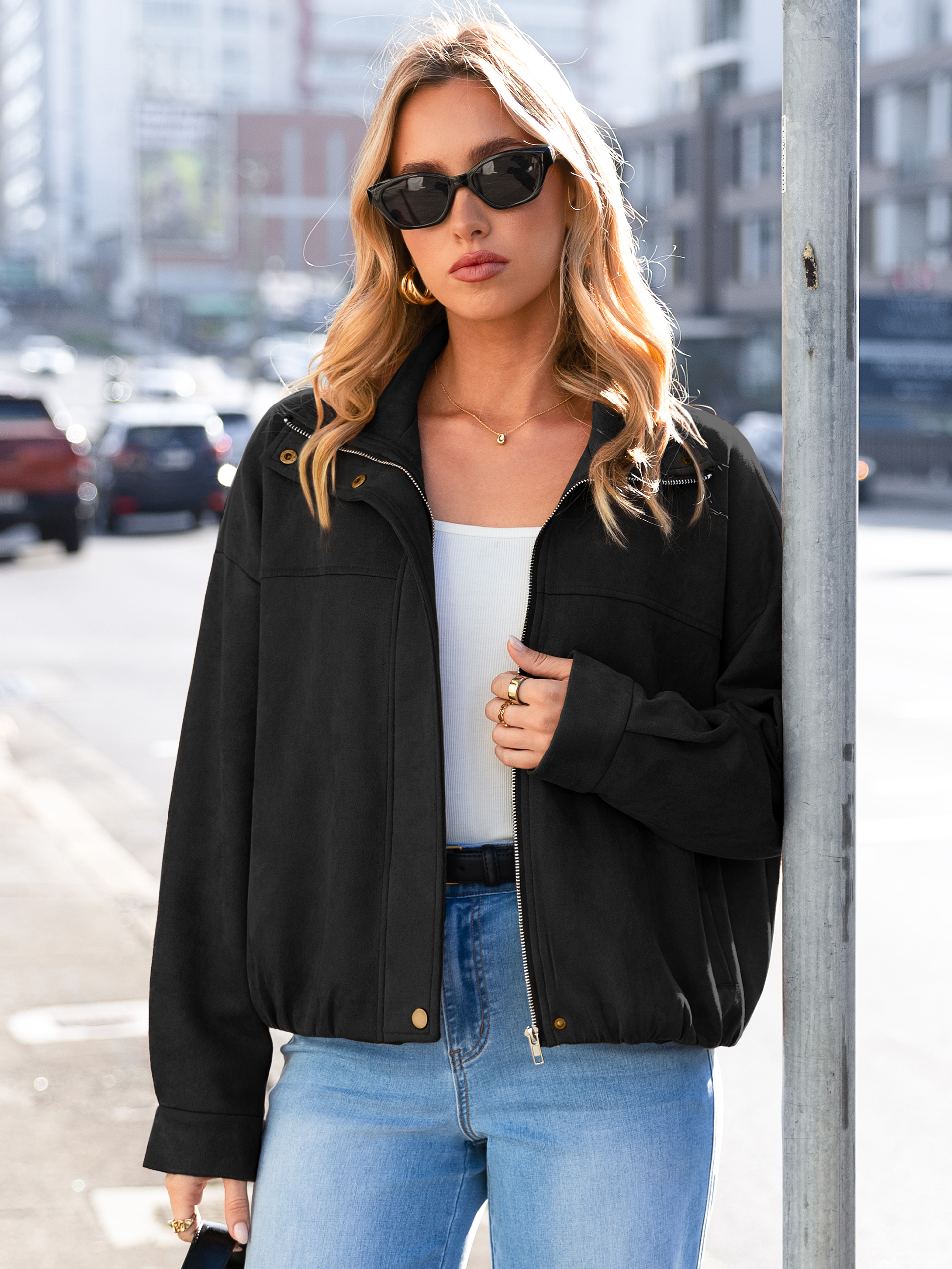 Casual Lapel Zip Front Faux Suede Bomber Jacket - Black