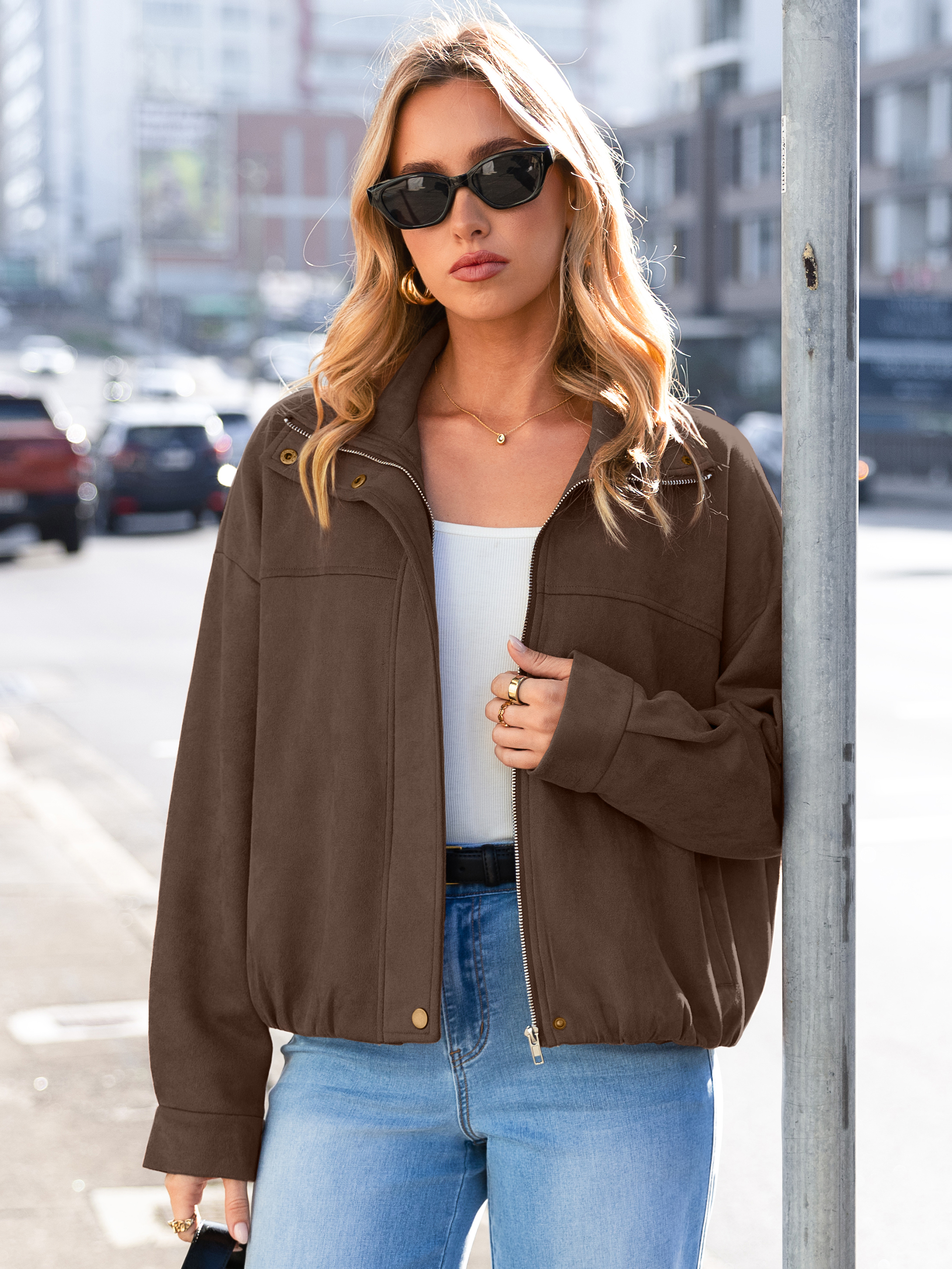 Casual Lapel Zip Front Faux Suede Bomber Jacket - Coffee