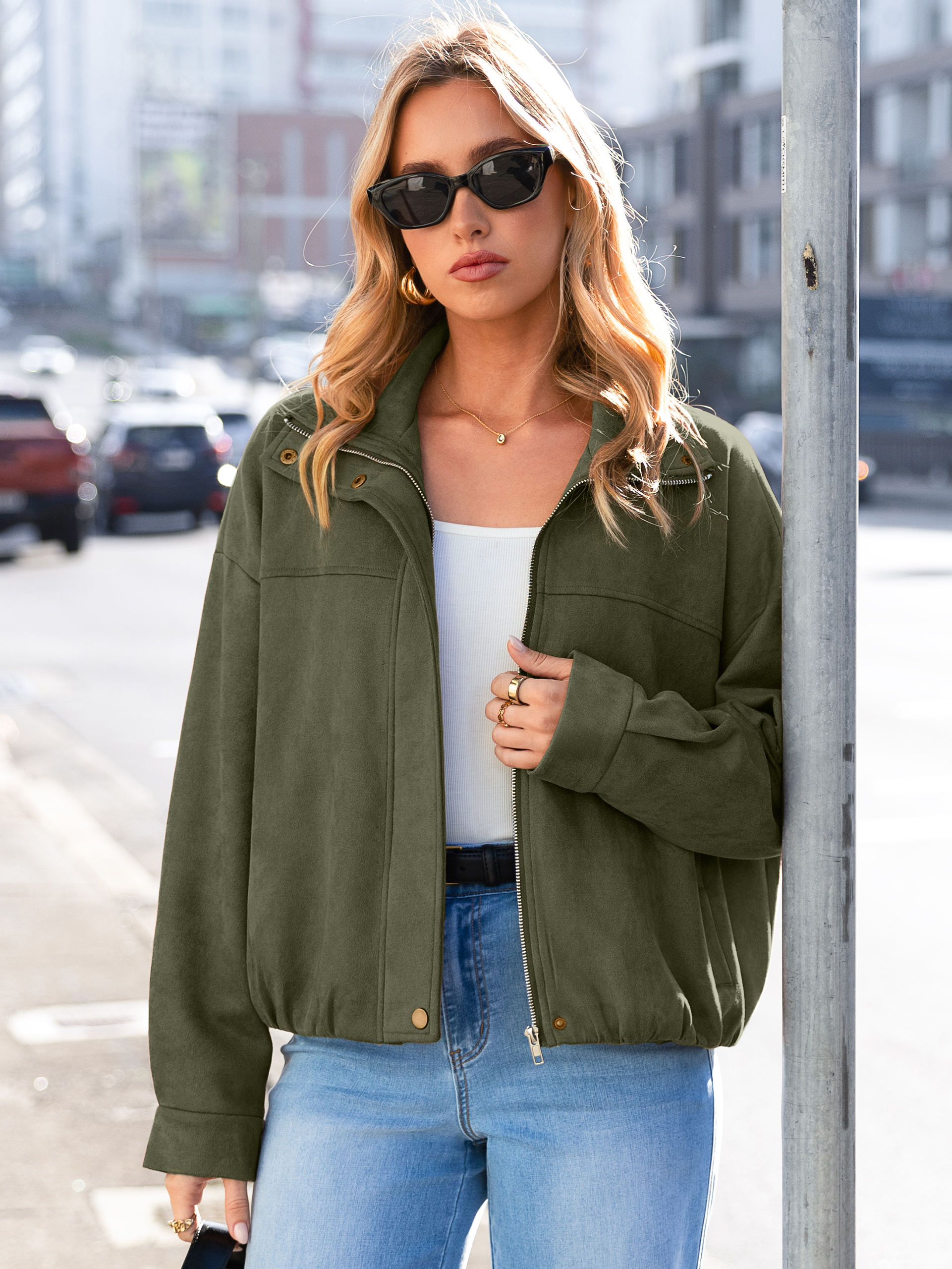 Casual Lapel Zip Front Faux Suede Bomber Jacket - Army Green