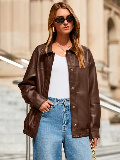 Oversized Faux Leather Motorcycle Bomber Jacket - Brown