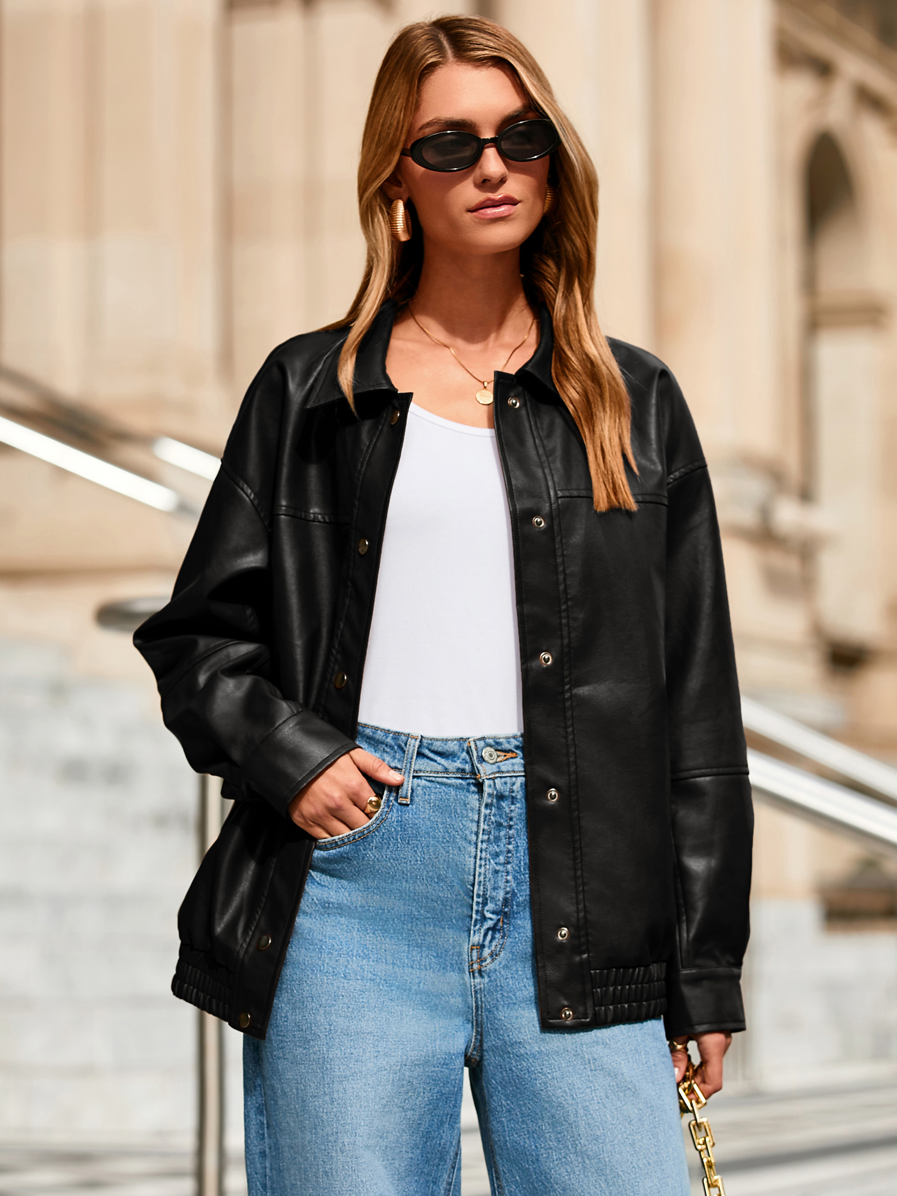 Oversized Faux Leather Motorcycle Bomber Jacket - Black