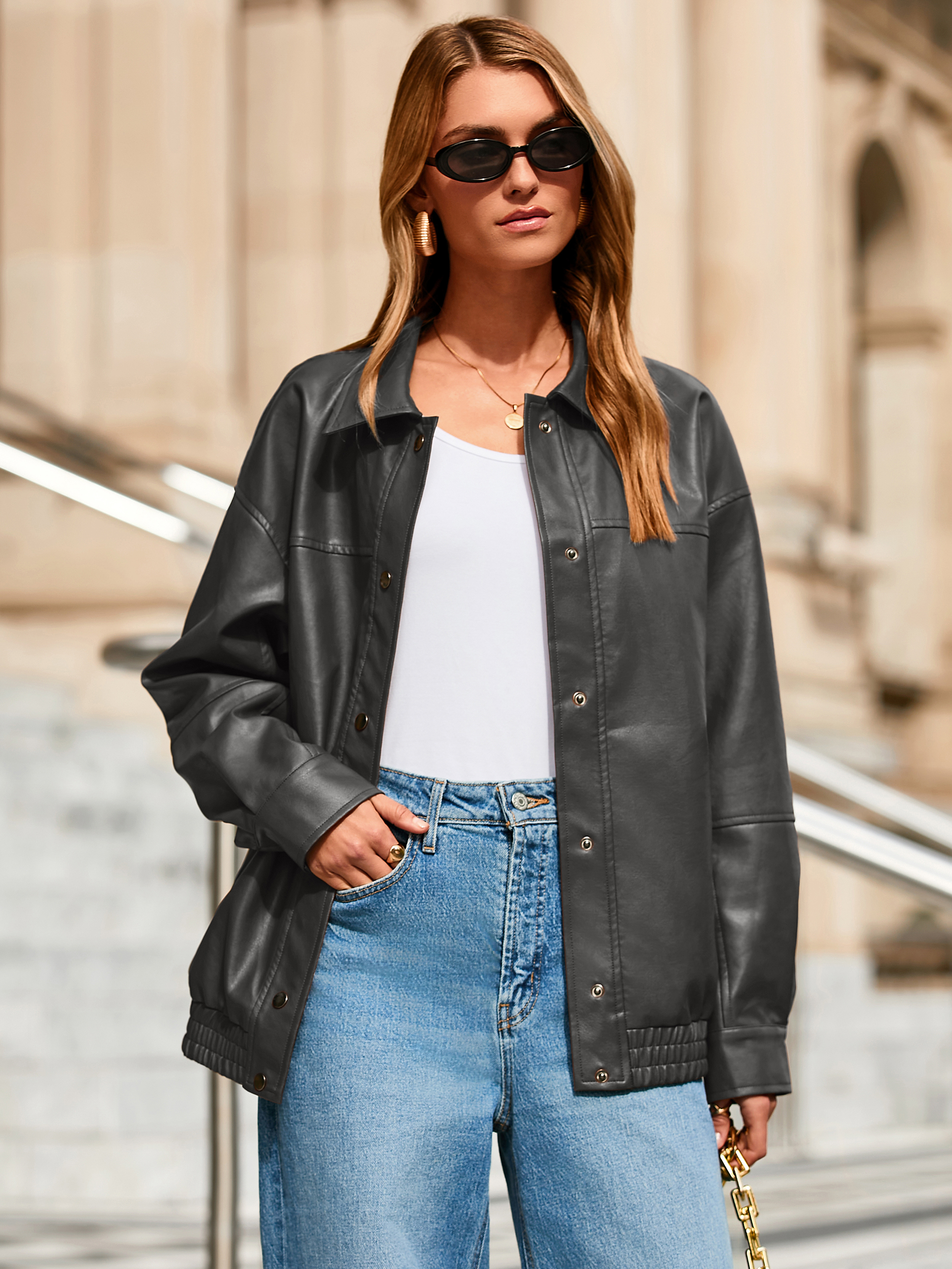 Oversized Faux Leather Motorcycle Bomber Jacket - Dark Grey