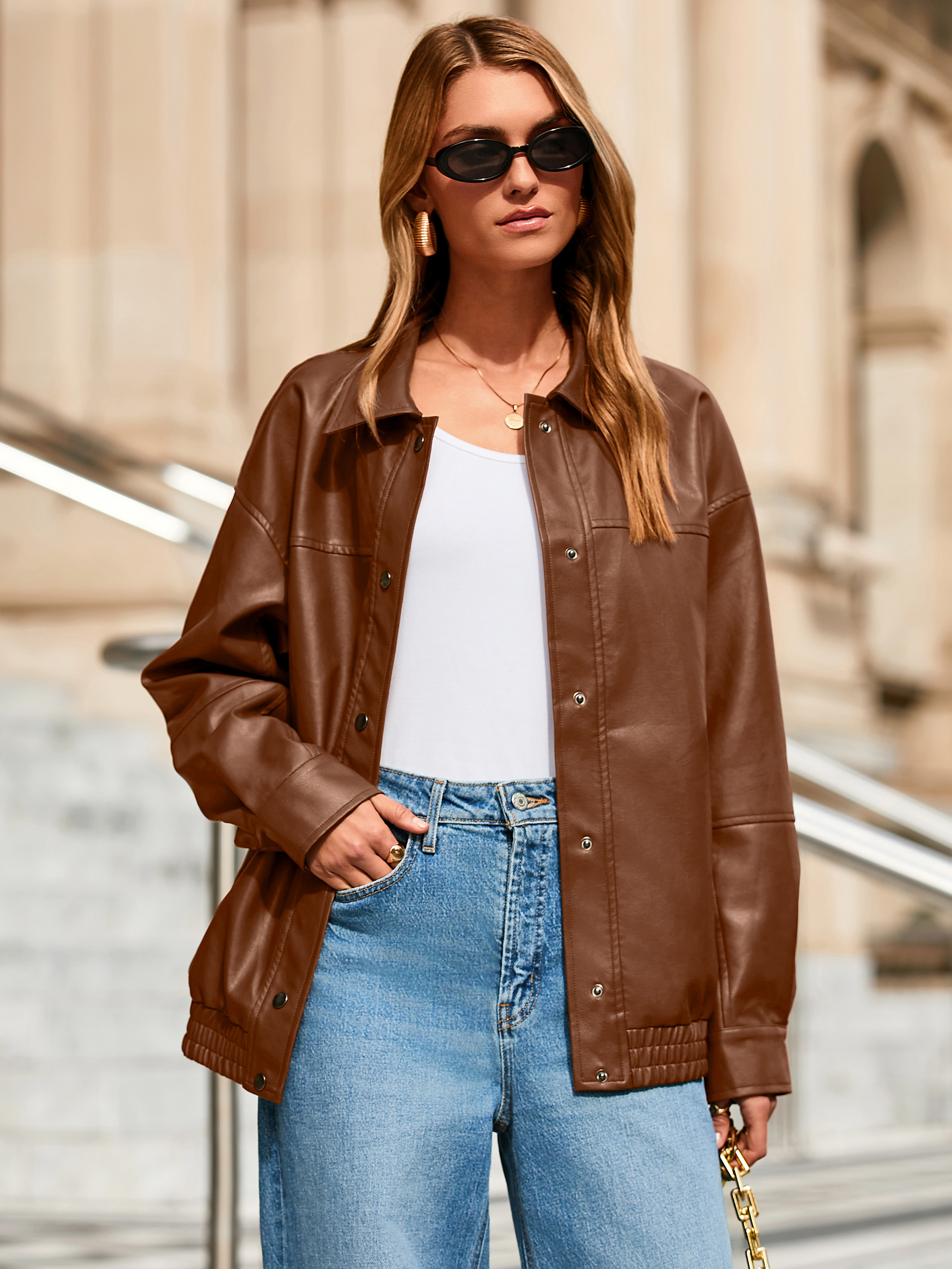 Oversized Faux Leather Motorcycle Bomber Jacket - Caramel