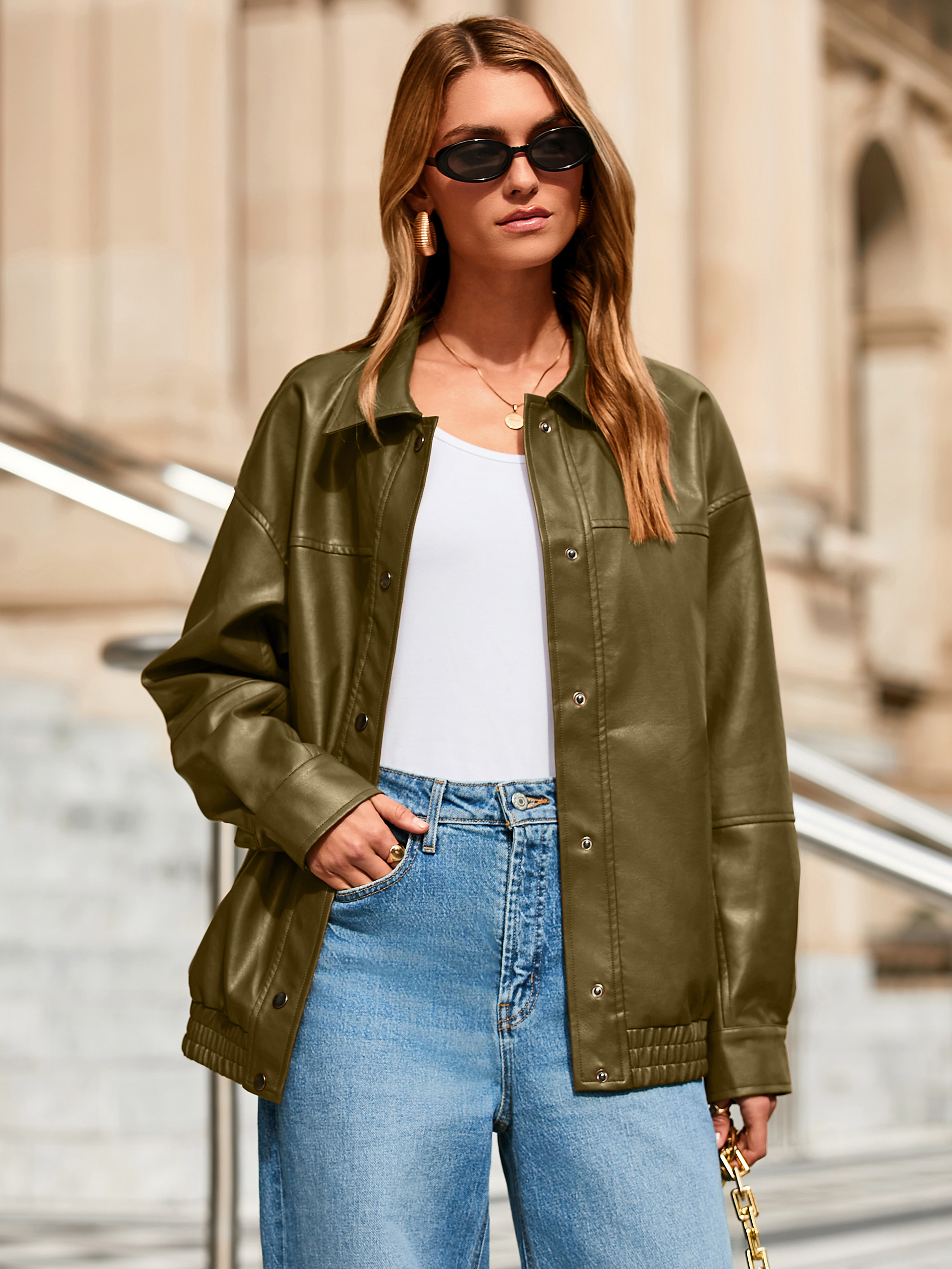 Oversized Faux Leather Motorcycle Bomber Jacket - Army Green