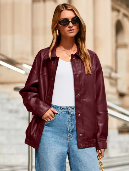Oversized Faux Leather Motorcycle Bomber Jacket - Burgundy