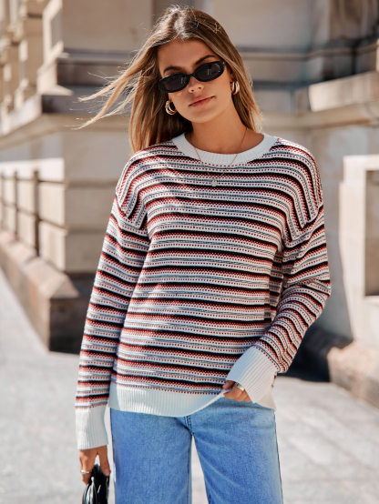 Striped Patchwork Crew Neck Knit Sweater Top - White Red