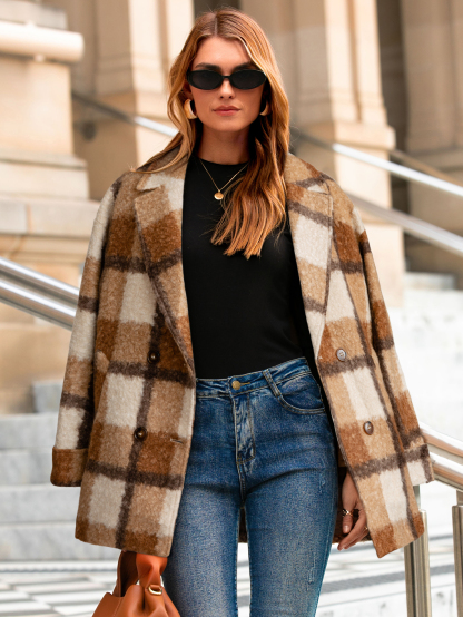 Plaid Lapel Double Breasted Fleece Coat - Brown