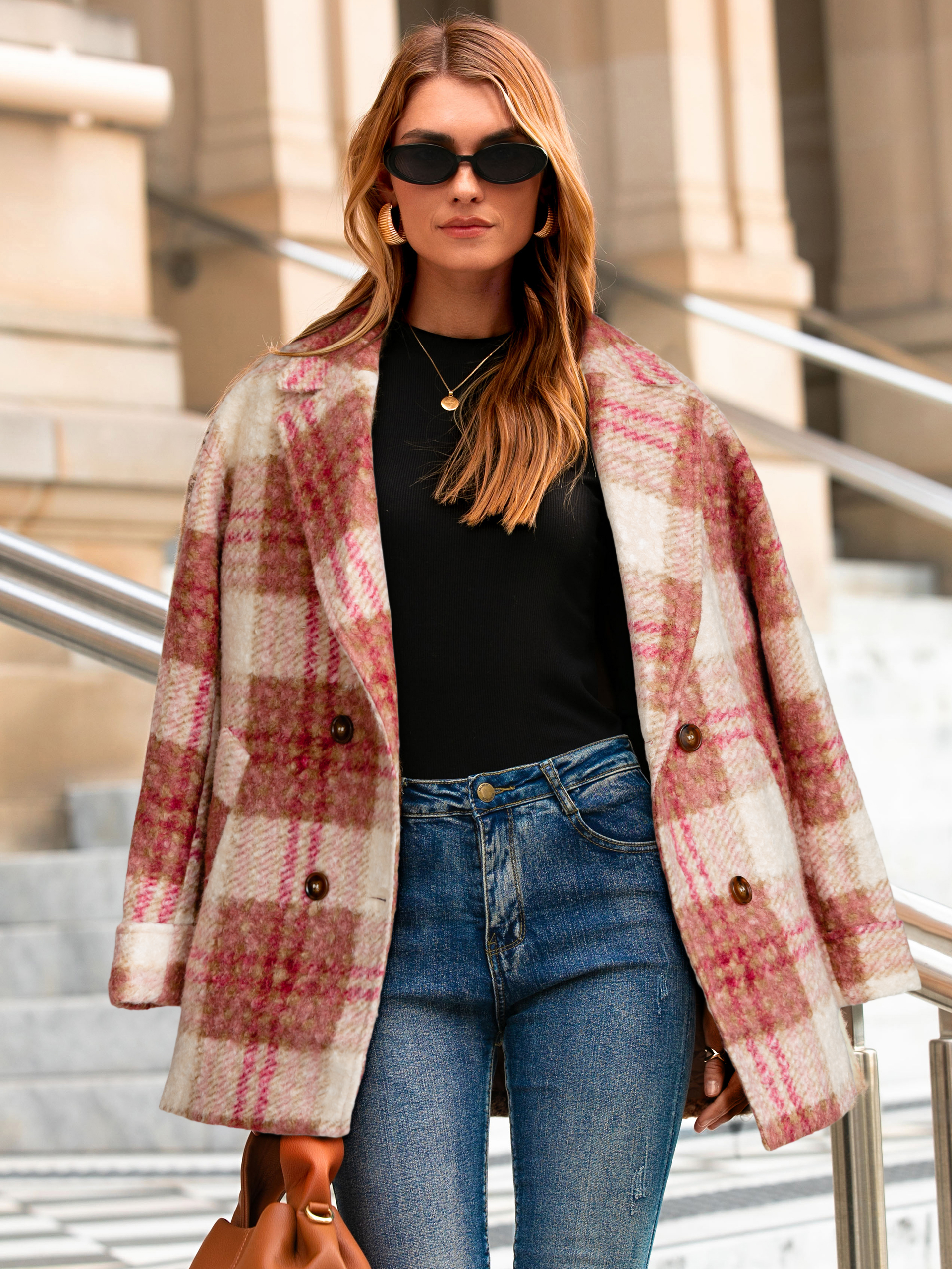 Plaid Lapel Double Breasted Fleece Coat - Pink