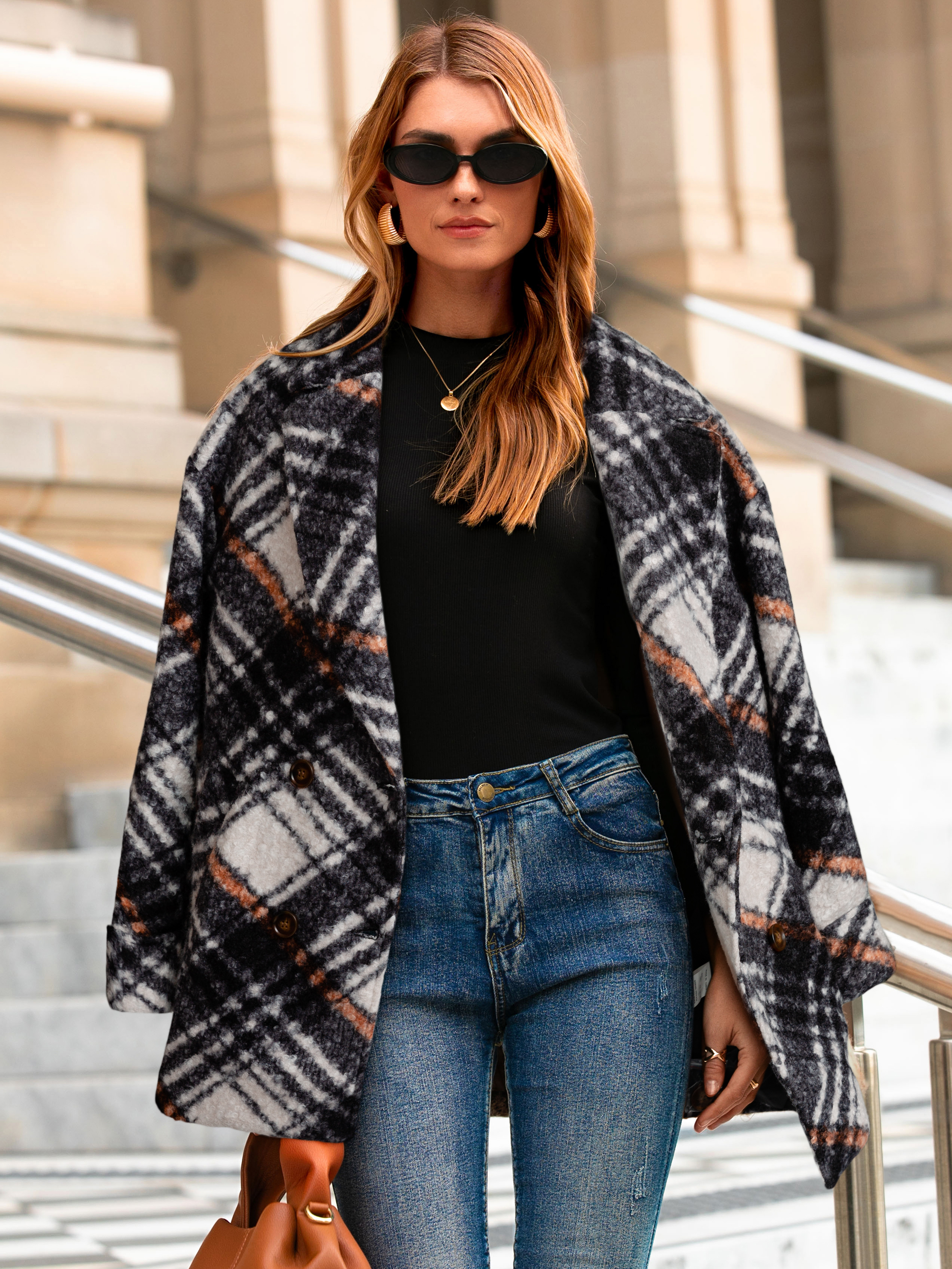 Plaid Lapel Double Breasted Fleece Coat - Black