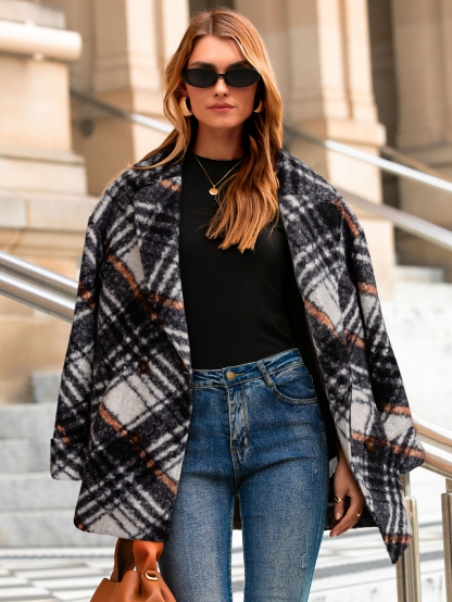 Plaid Lapel Double Breasted Fleece Coat - Black