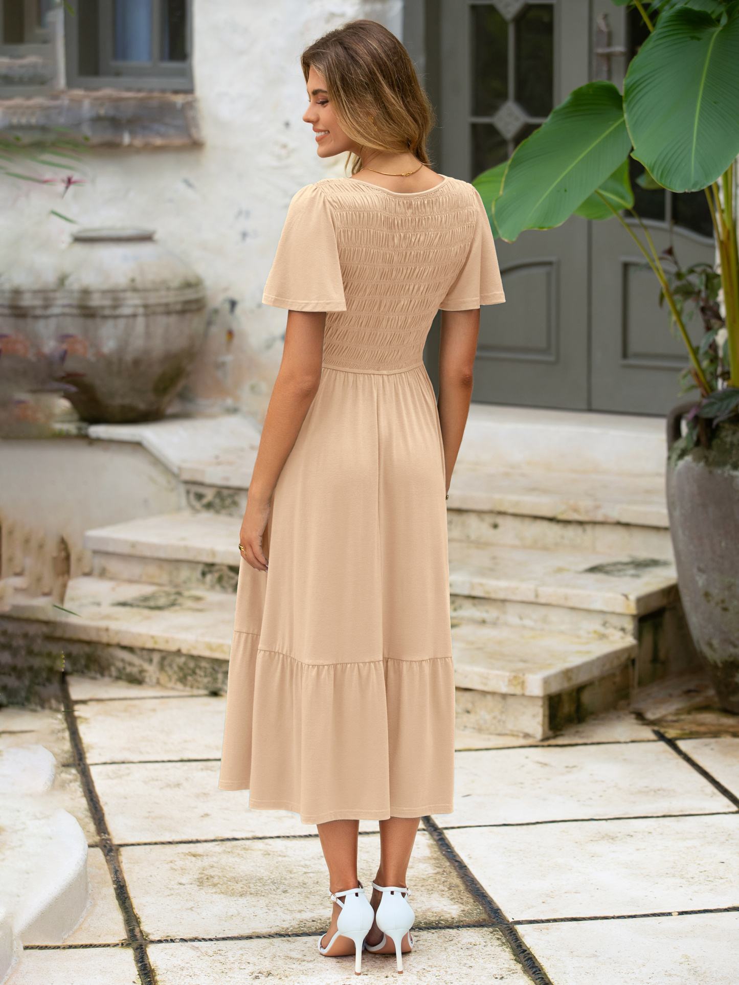 Smocked Waist Flutter Sleeve Boho Maxi Dress - Beige